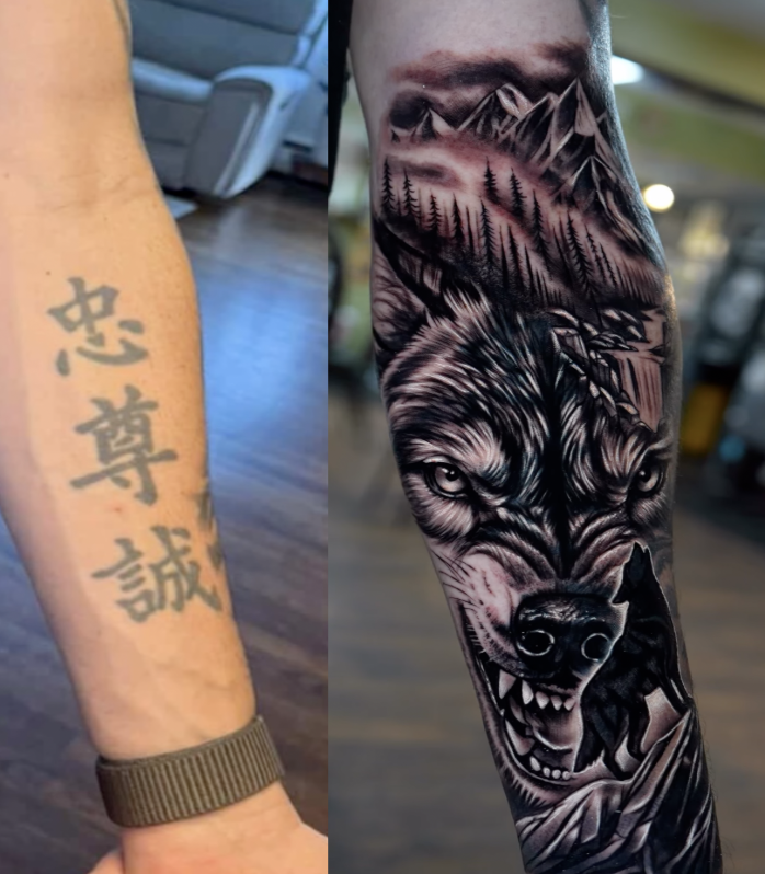 A tattoo of Chinese characters on a person's arm and a detailed black and gray wolf tattoo on another person's forearm, with a mountain and forest background.