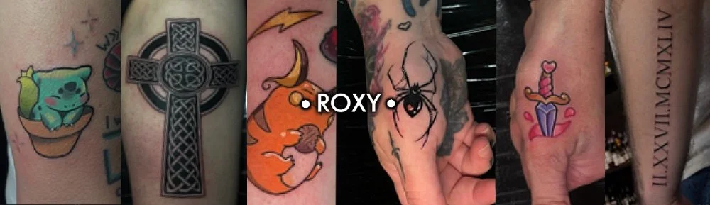Array of six tattoos on different skin parts, including a pig in a basket, a Celtic cross, a pumpkin with a witch's hat, a spider and web, a dagger with hearts, and Roman numerals.