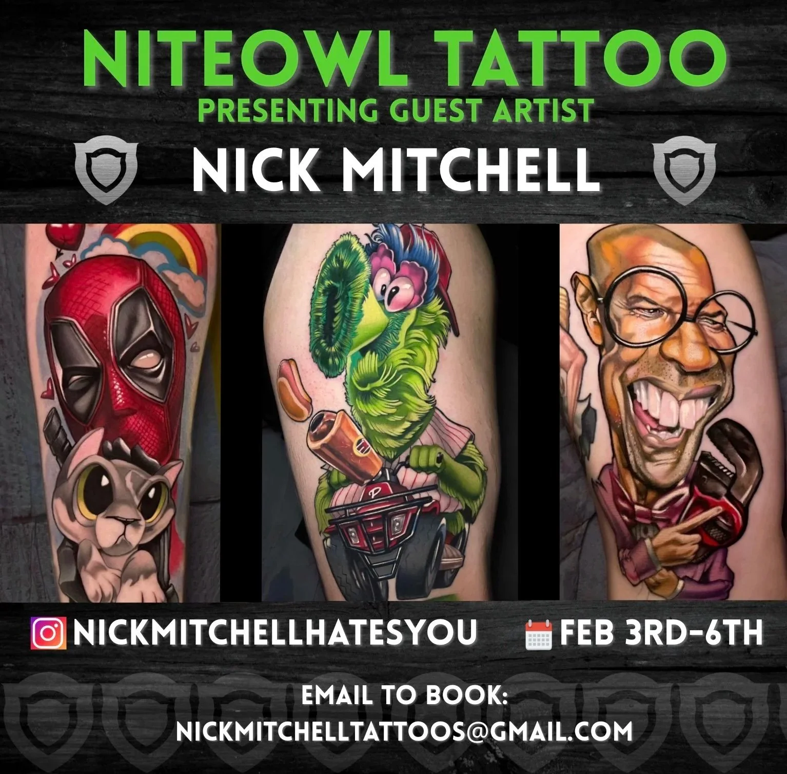 Promotional poster for Niteowl Tattoo featuring images of three tattoos: a Spider-Man with a cat, a cartoonish green creature riding a small vehicle, and a caricature of a man with glasses holding a tattoo machine. The poster includes the artist's Instagram handle, dates February 3rd to 6th, and an email for bookings.