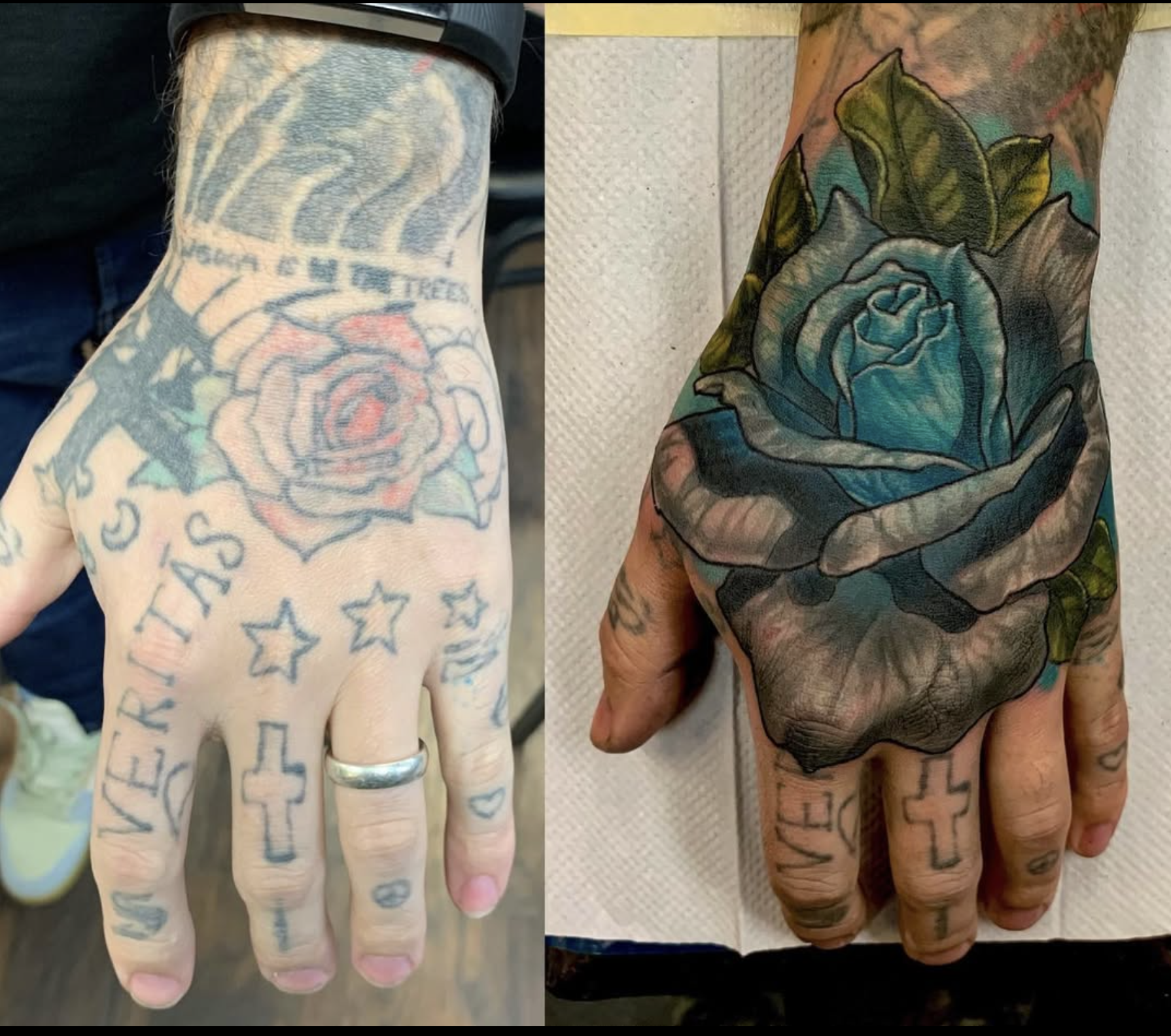 Side-by-side images of tattooed hands, each with distinct designs and styles. The left hand features a traditional style with a rose, stars, and text, while the right hand displays a modern, colored portrait of a woman with leaves.