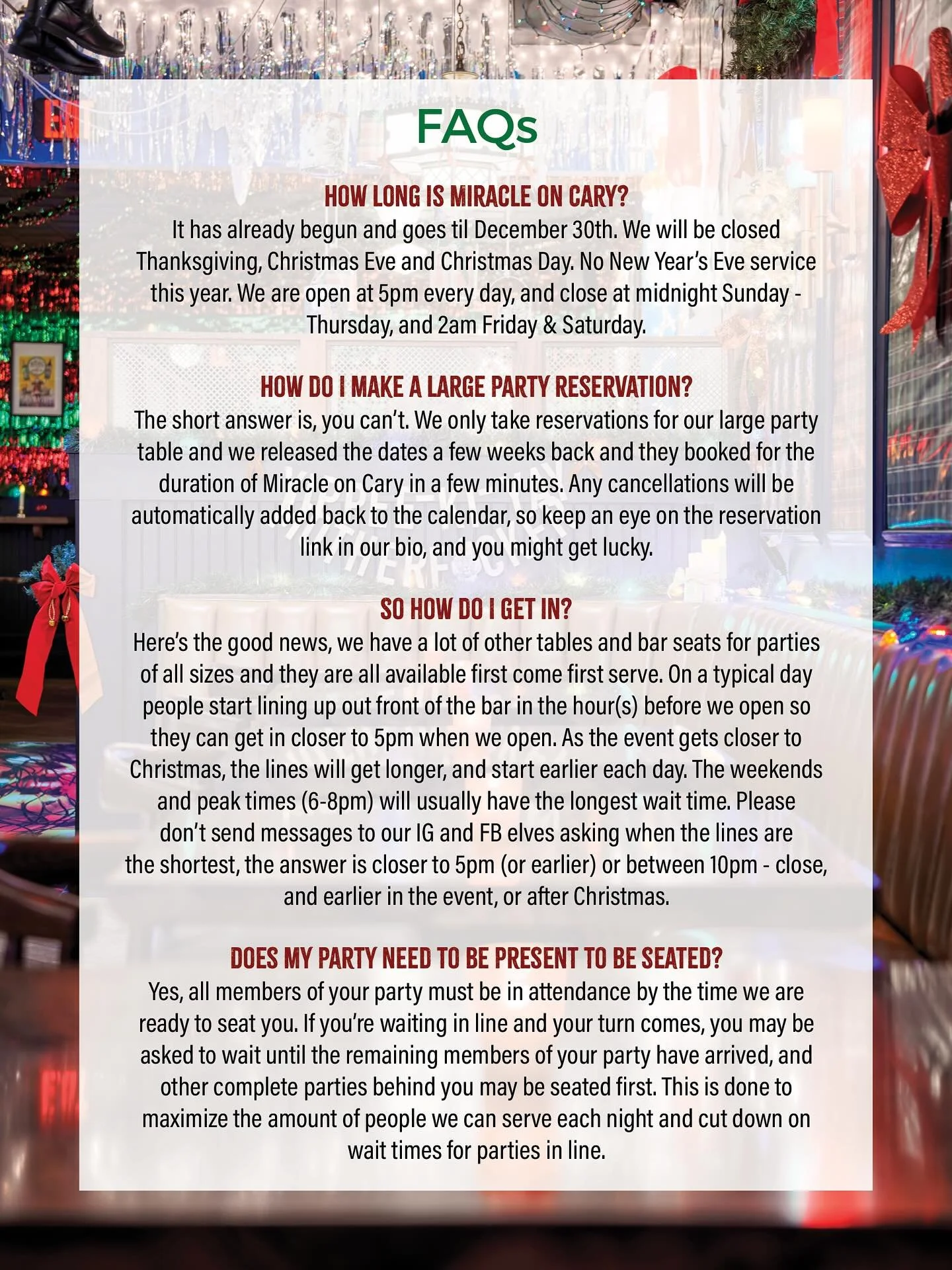 Miracle on Cary has arrived! 🎄🎁🌲🎅🇨🇽🤶☃️🧑&zwj;🎄

The wait is finally over and we are so excited to welcome you all into our winter wonderland! Since this exciting time of the year also tends to be the absolute busiest season of them all, we wa