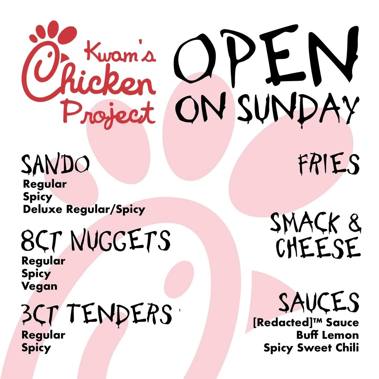 🍗 💥 MENU DROP 💥 🍗 
@kwamschickenproject is going hard this Sunday and is even bringing some vegan options for the folks who don&rsquo;t mess with meat! We are hoping to go 5-9pm but it&rsquo;s anyone&rsquo;s guess what time it&rsquo;s sold out! #