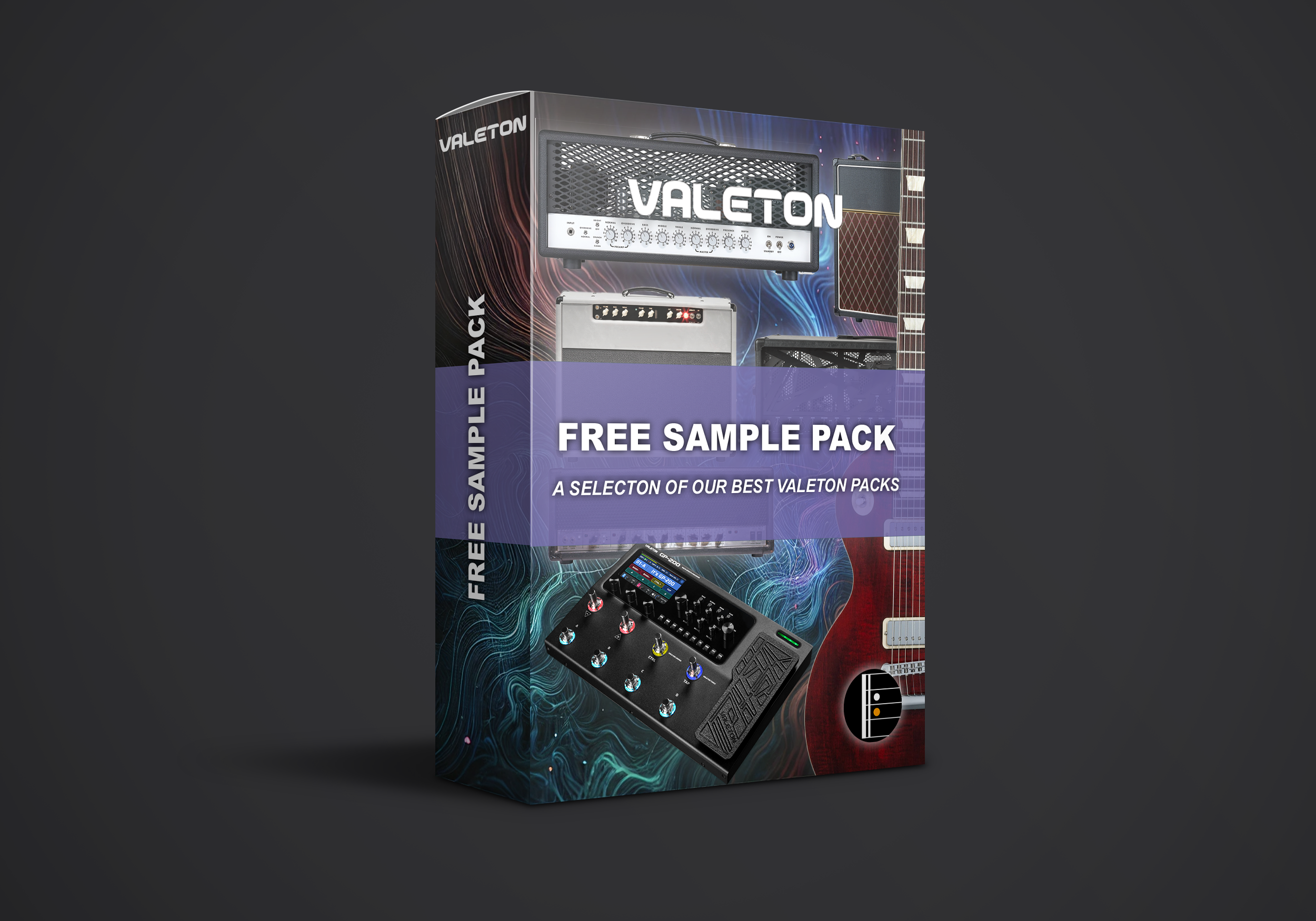 A product box for Valeton featuring a free sample pack of musical equipment, including guitar amplifiers, effects pedals, and a multi-effects processor, with colorful graphics and text highlighting the offer.