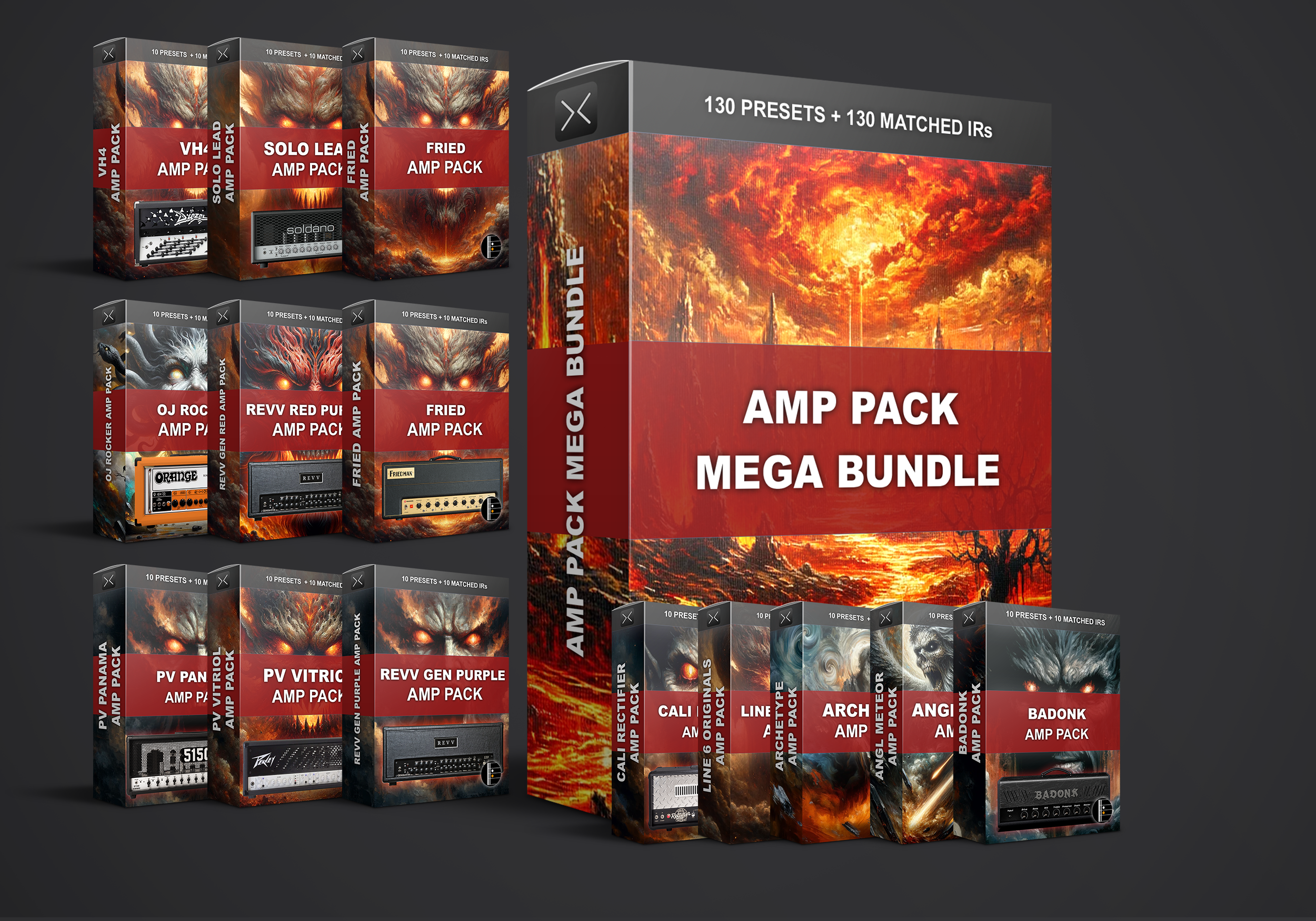 Various guitar amp pack boxes labeled "AMP PACK MEGA BUNDLE" with fiery graphics and different amp brand names.