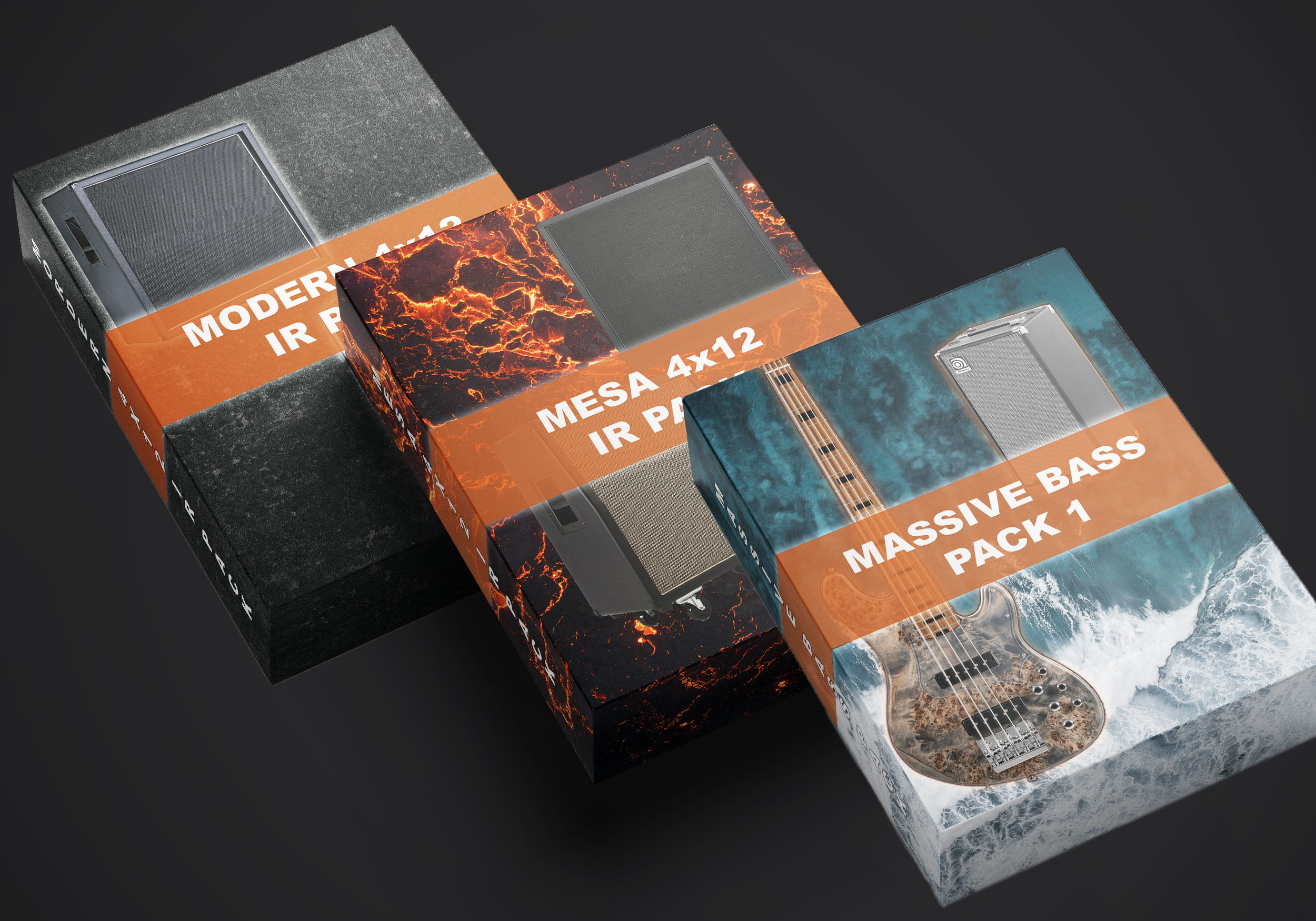 Three boxed music sound packs with designs labeled Modern 4x12 IR Pack, Mesa 4x12 IR Pack, and Massive Bass Pack 1, each featuring distinctive graphic elements.