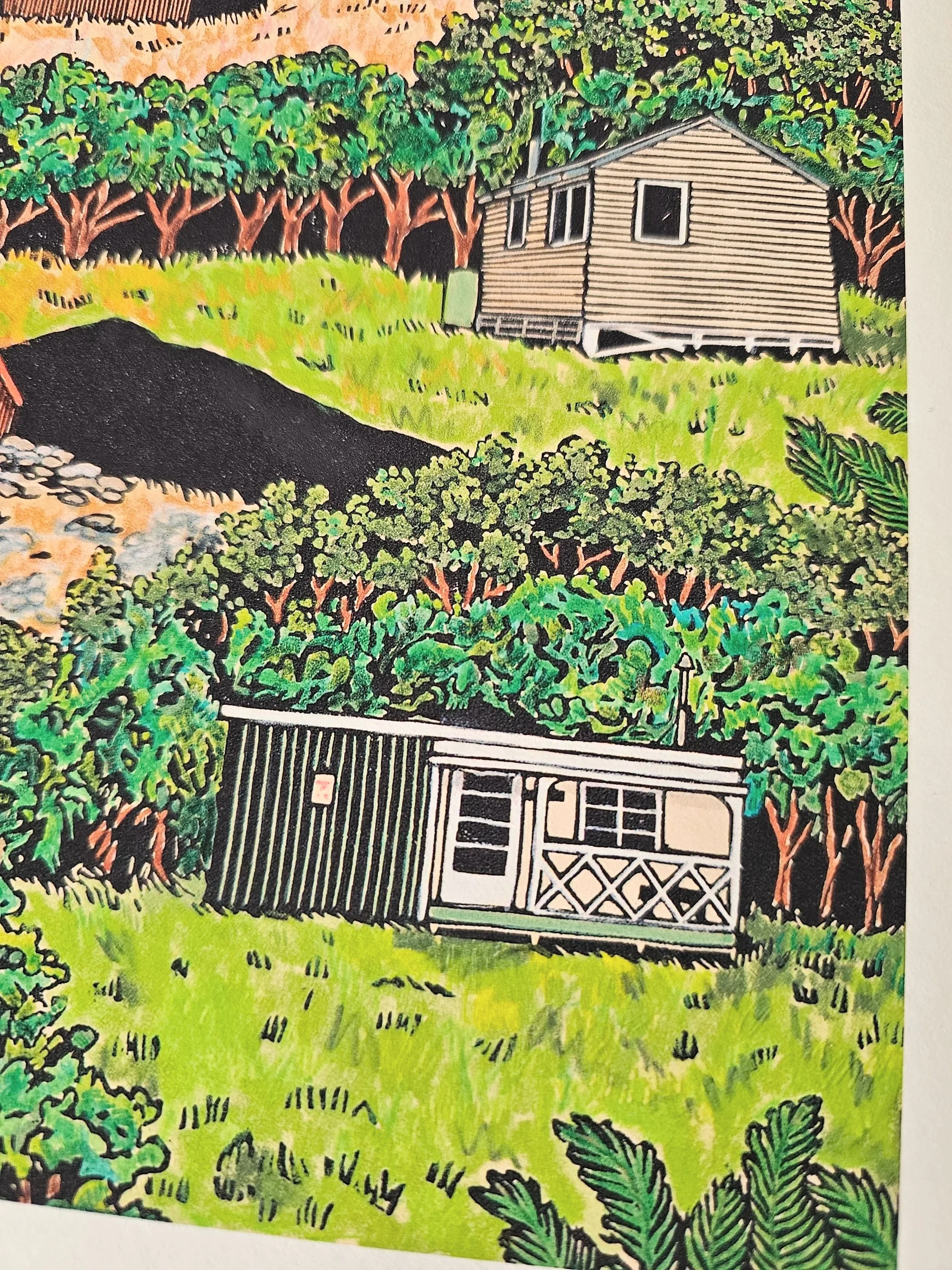 A colourful fine art print of layers of huts found all over Aotearoa/New Zealand.