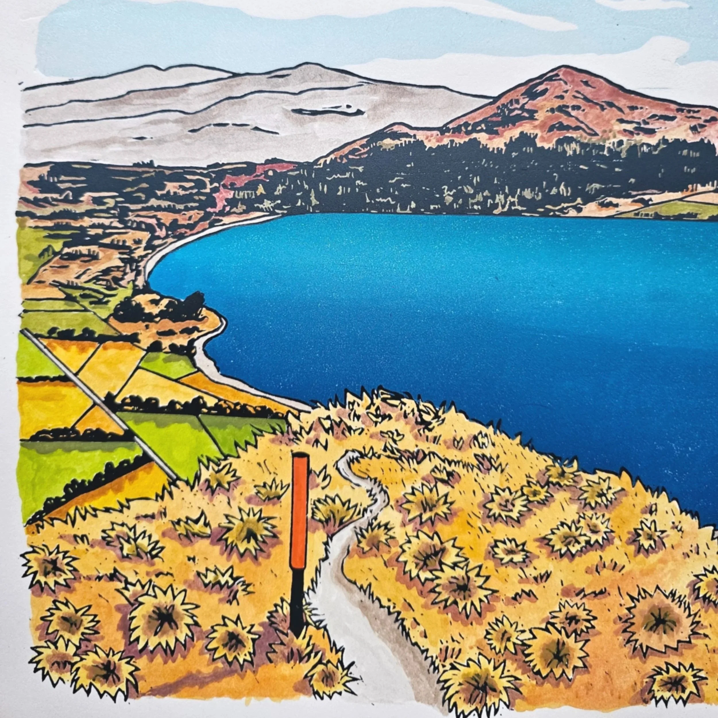 A colourful original hand-painted multi-block linocut artwork of Lake Hāwea.