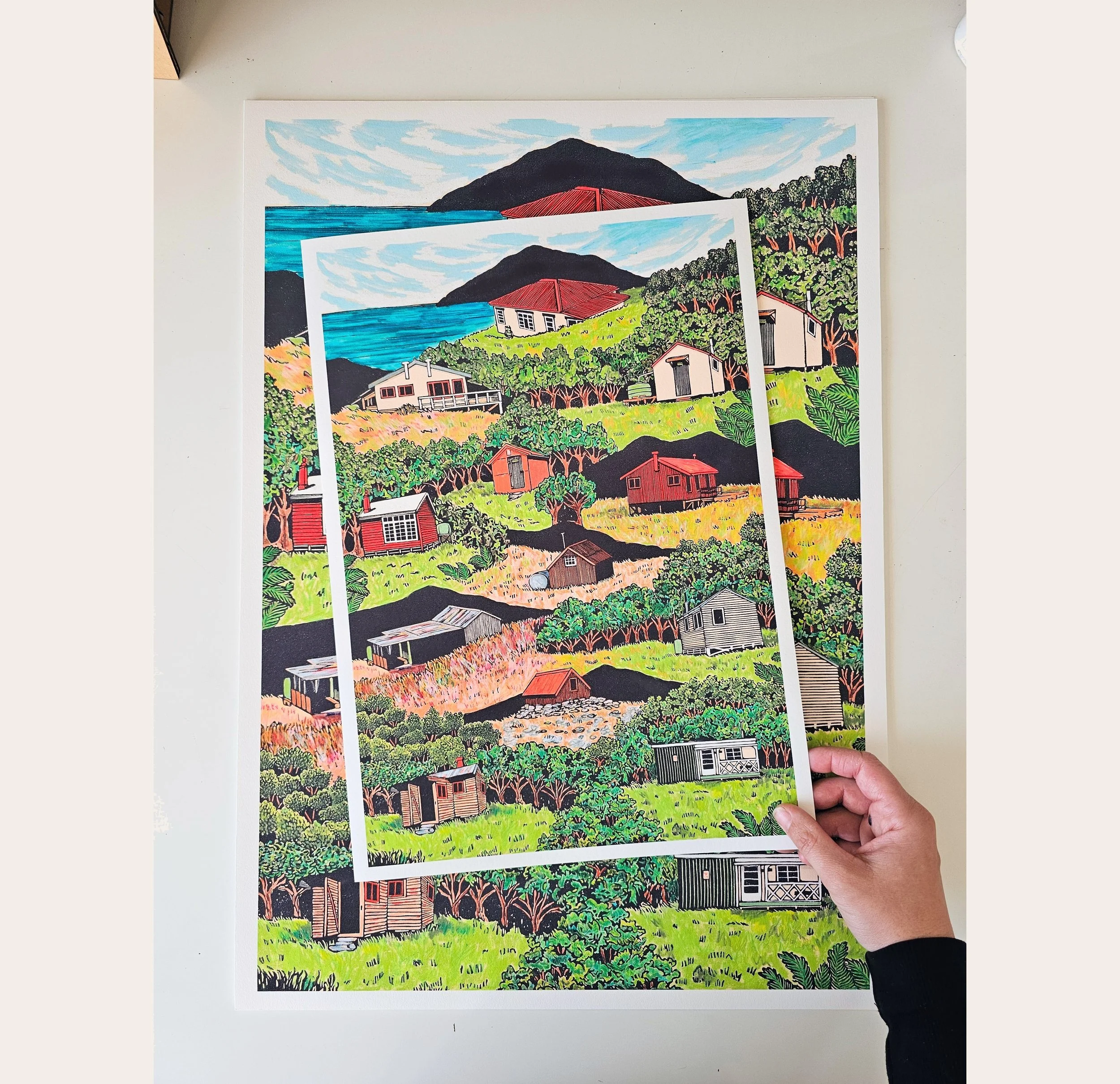 A colourful fine art print of layers of huts found all over Aotearoa/New Zealand.
