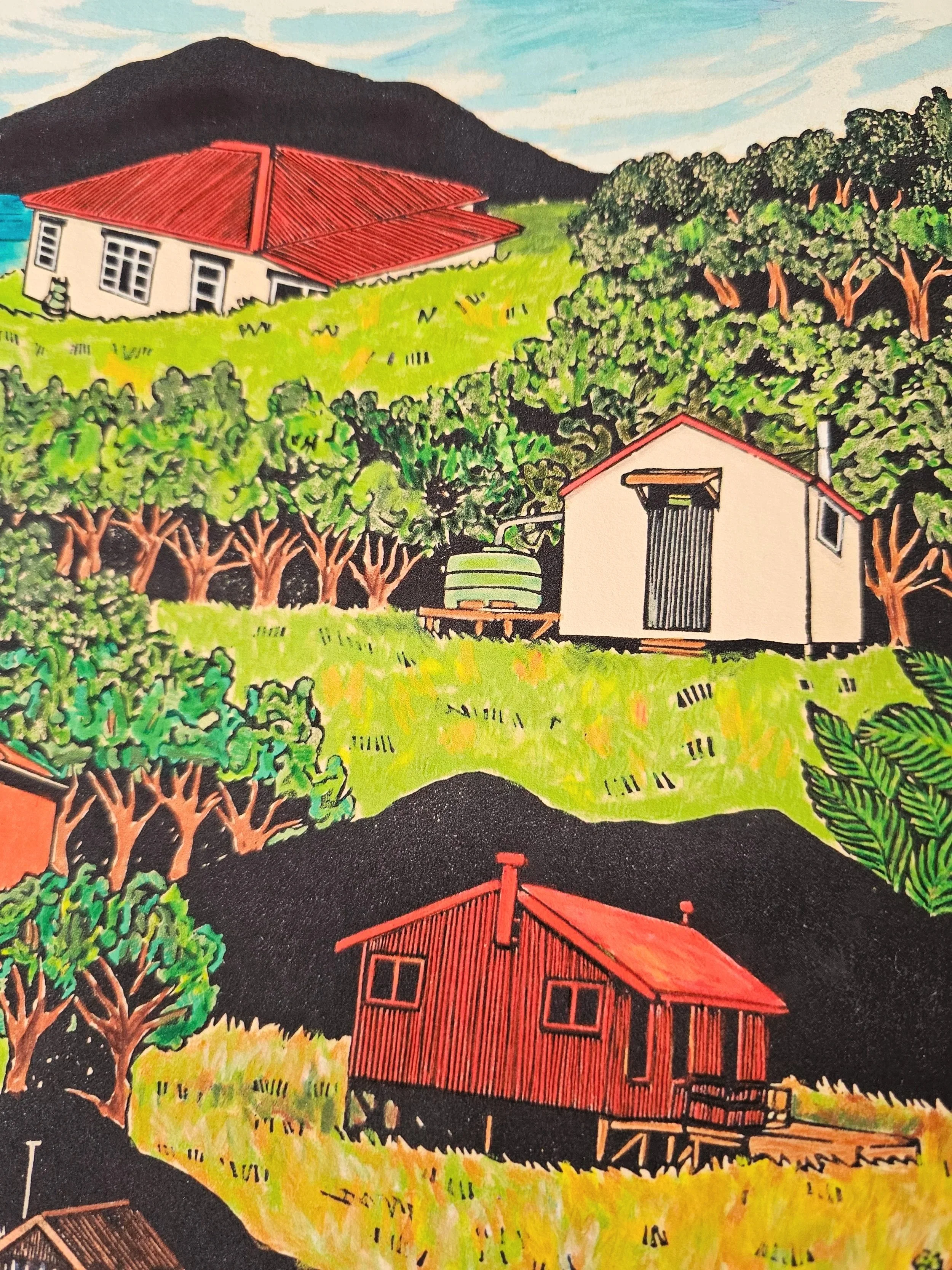 A colourful fine art print of layers of huts found all over Aotearoa/New Zealand.