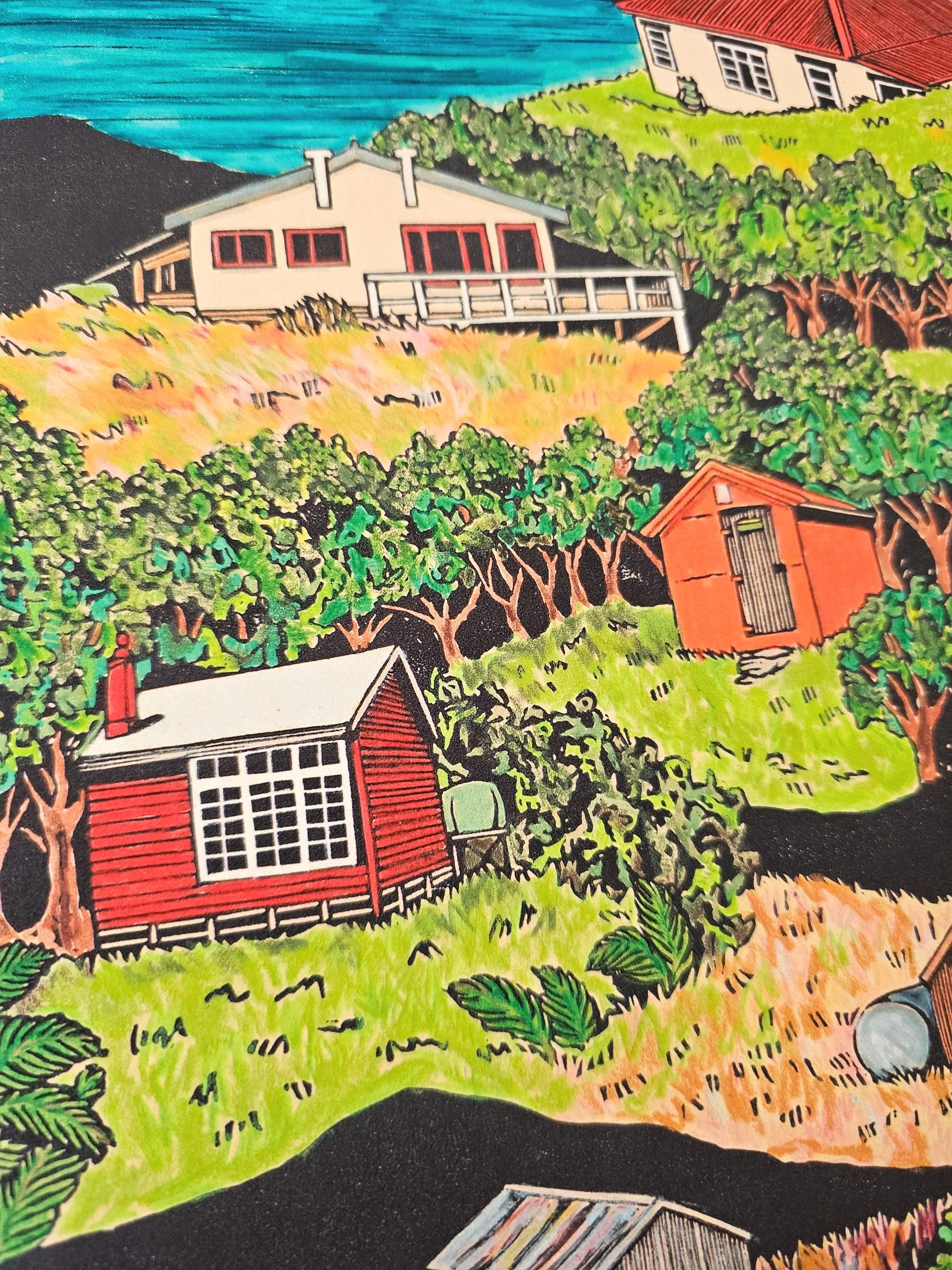 A colourful fine art print of layers of huts found all over Aotearoa/New Zealand.