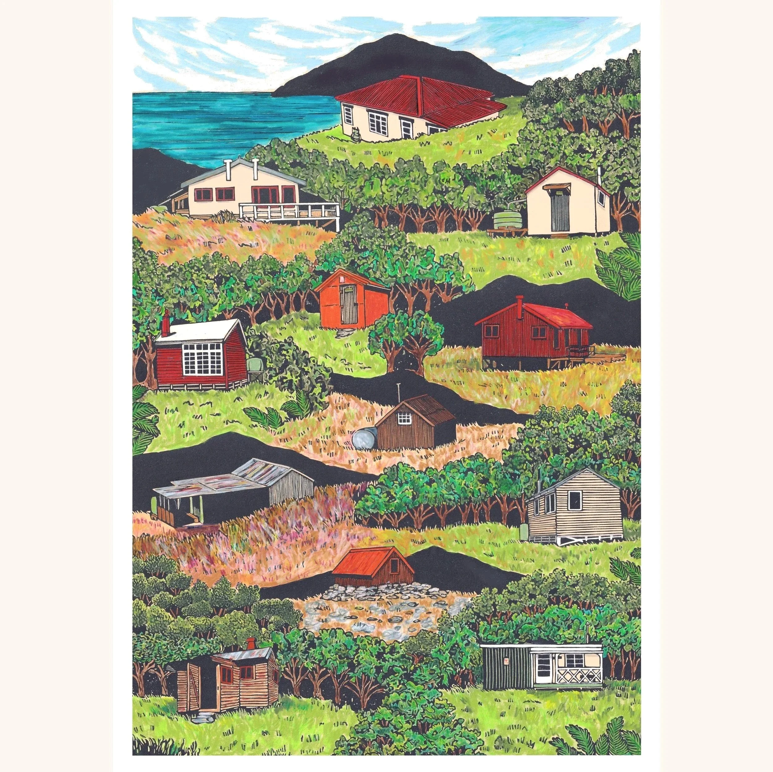 A colourful fine art print of layers of huts found all over Aotearoa/New Zealand.