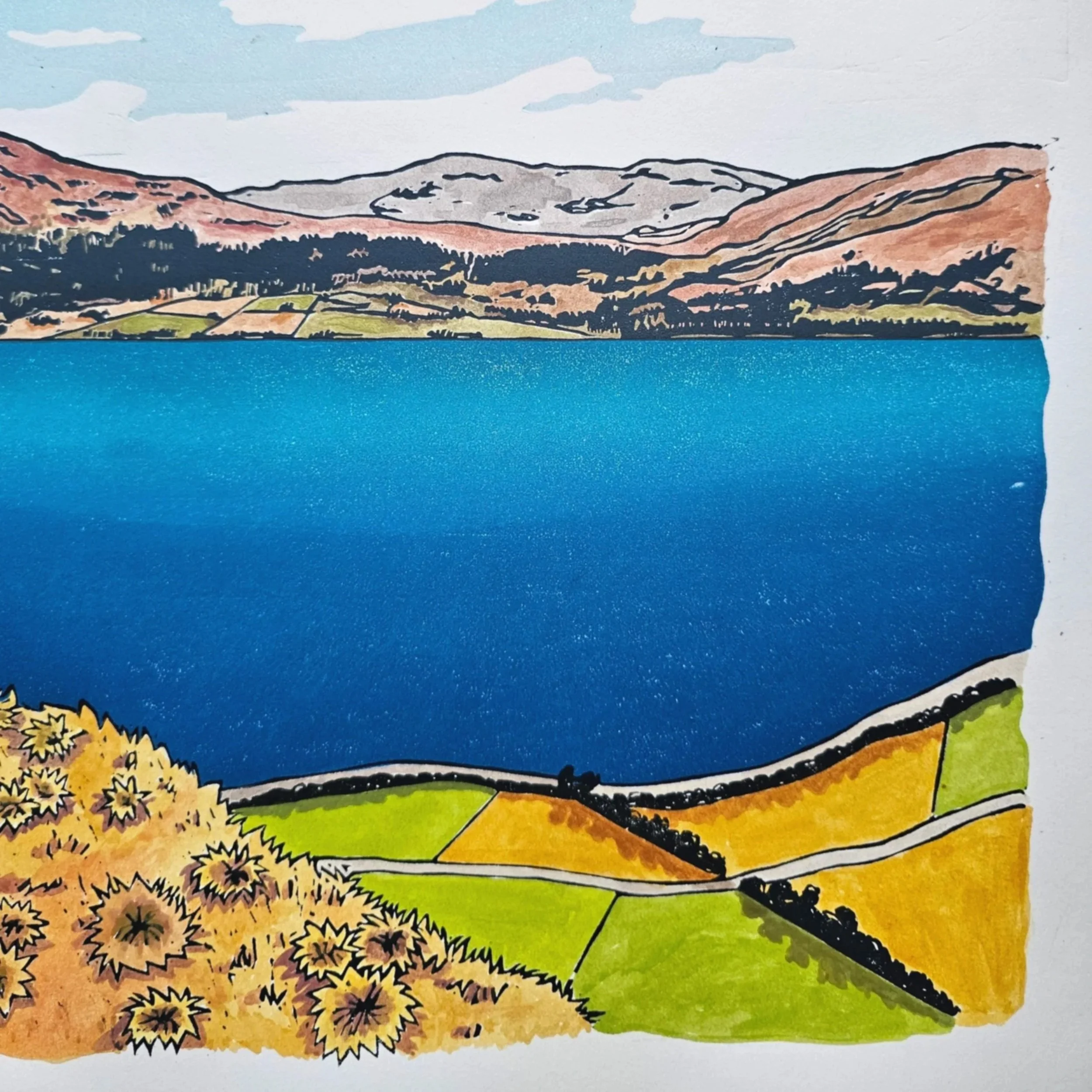 A colourful original hand-painted multi-block linocut artwork of Lake Hāwea.