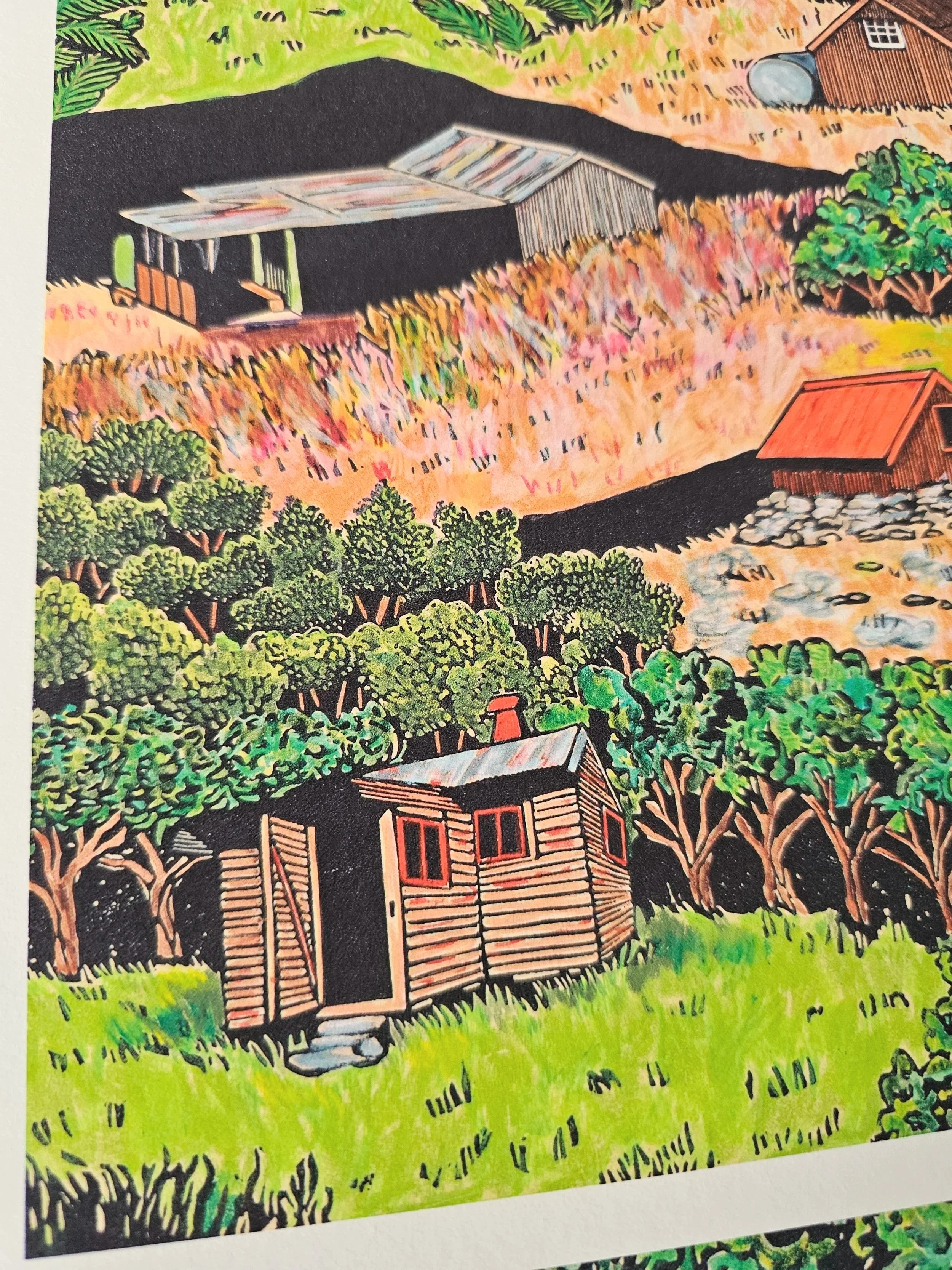 A colourful fine art print of layers of huts found all over Aotearoa/New Zealand.