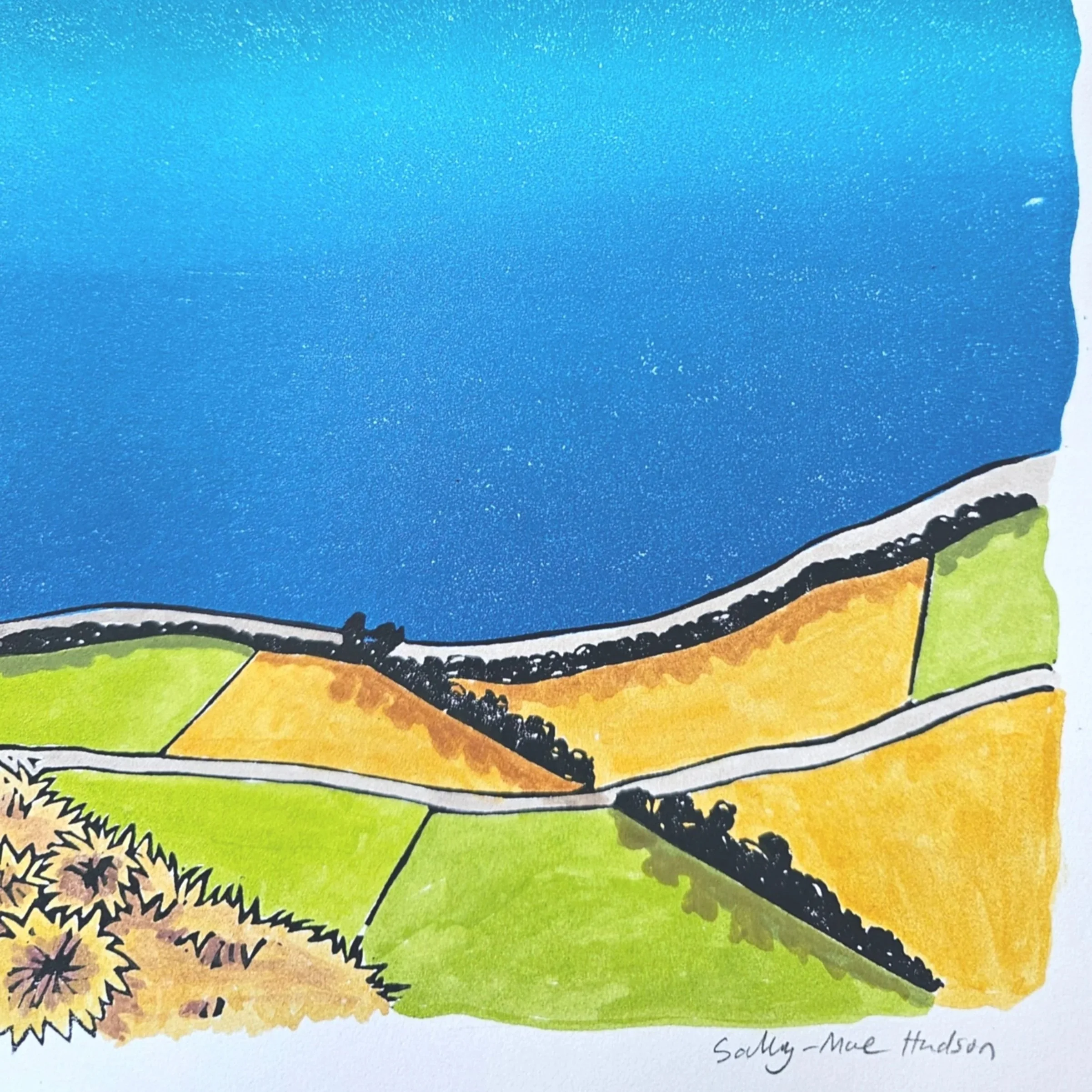 A colourful original hand-painted multi-block linocut artwork of Lake Hāwea.
