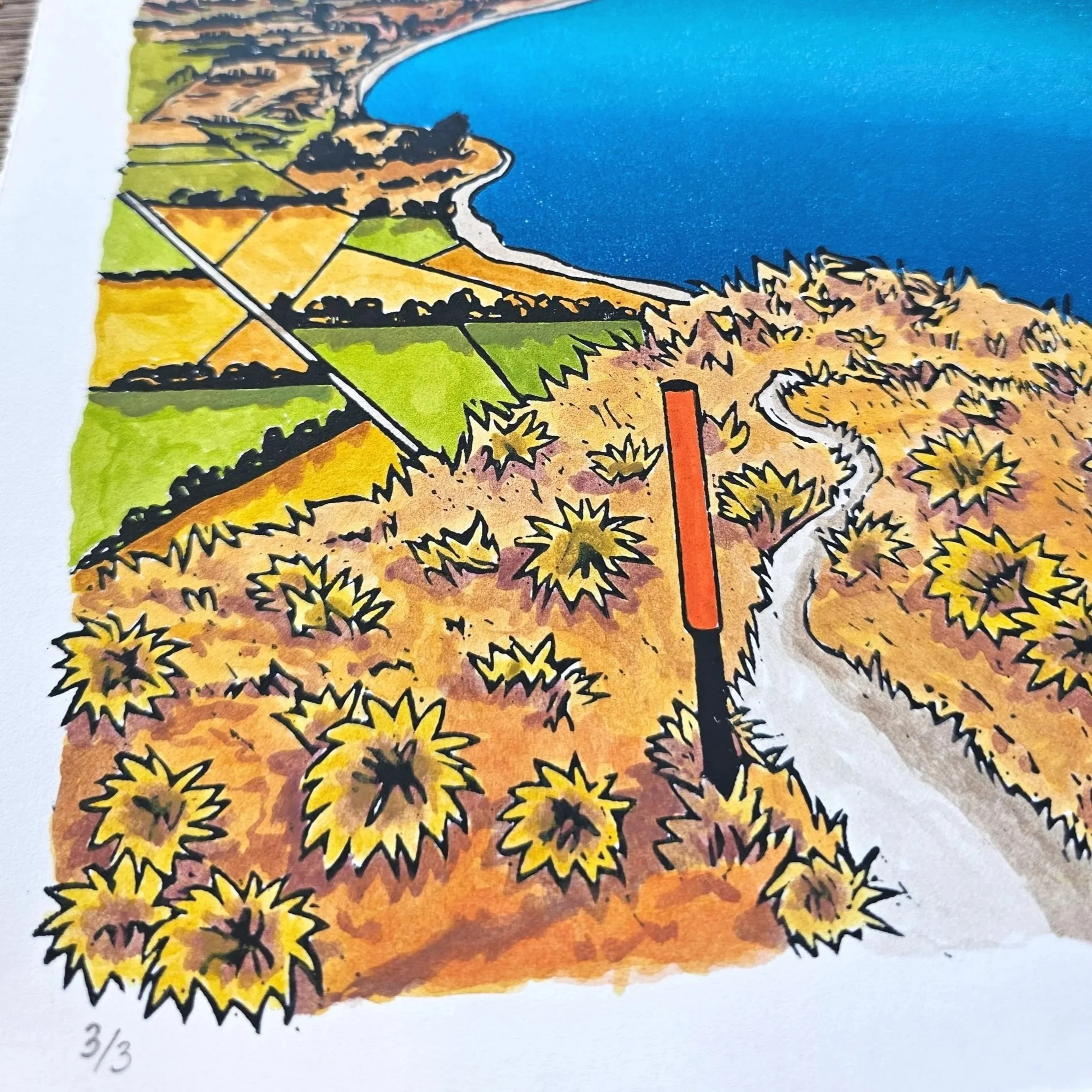A colourful original hand-painted multi-block linocut artwork of Lake Hāwea.