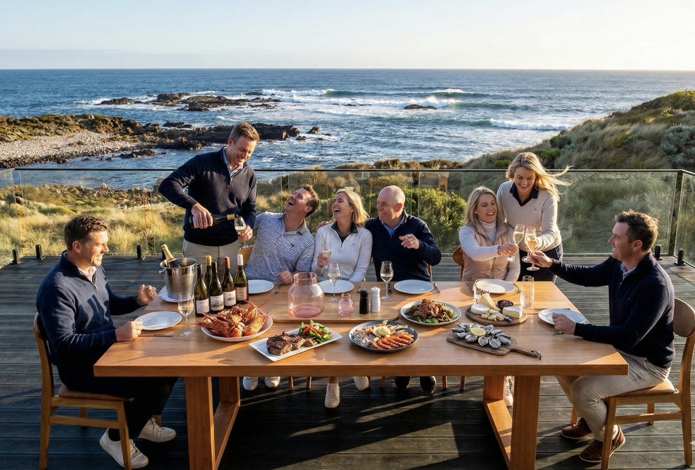 A group sharing local produce and wine on the deck