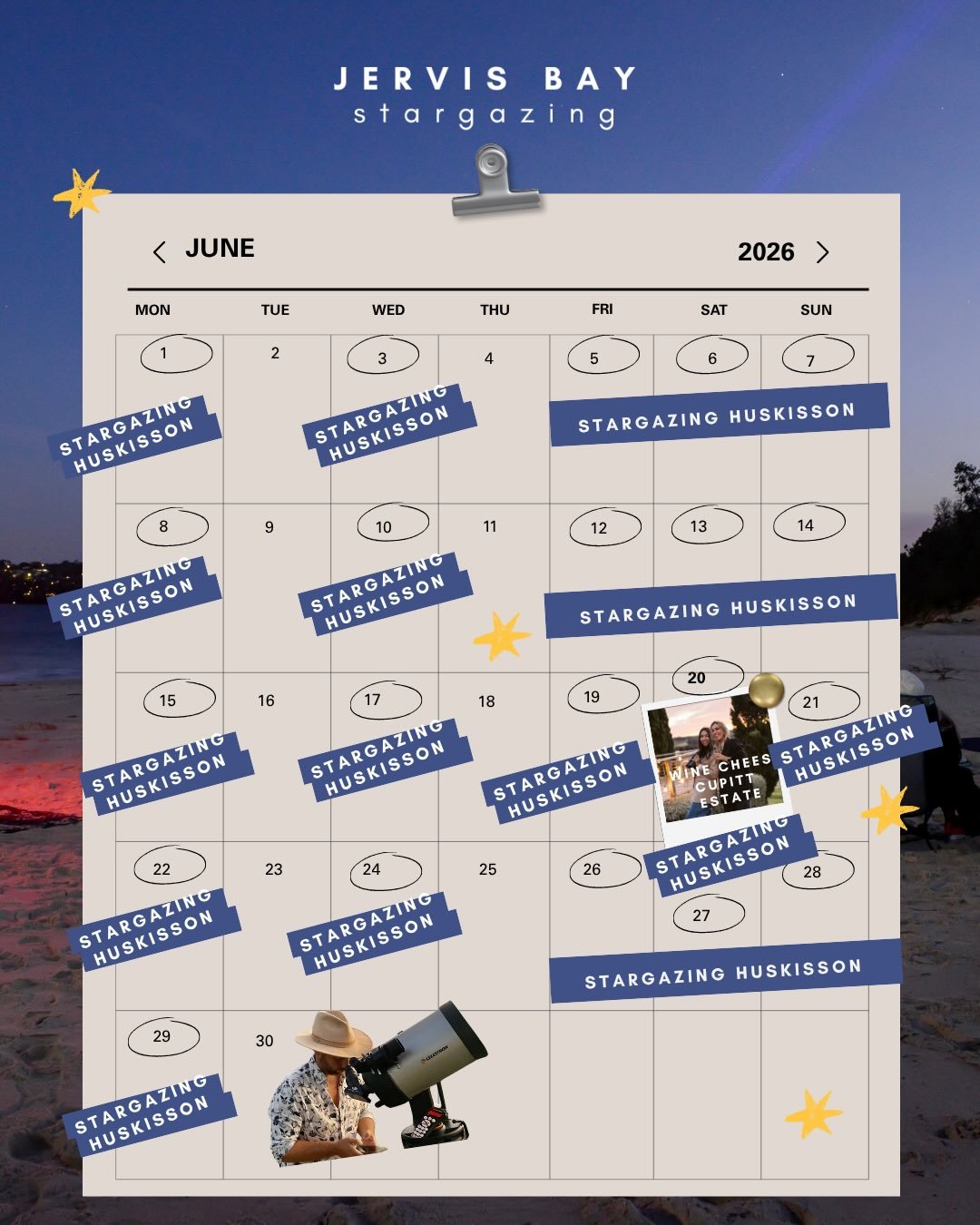 So much happening in our stargazing world in the Blueys - every day | Jervis, Canberra - 5 days a week | and Sydney one weekend this month! 💫 Winter is still our fave season to see the stars, don&rsquo;t miss the mesmerising Milky Way 🌌 See you on 