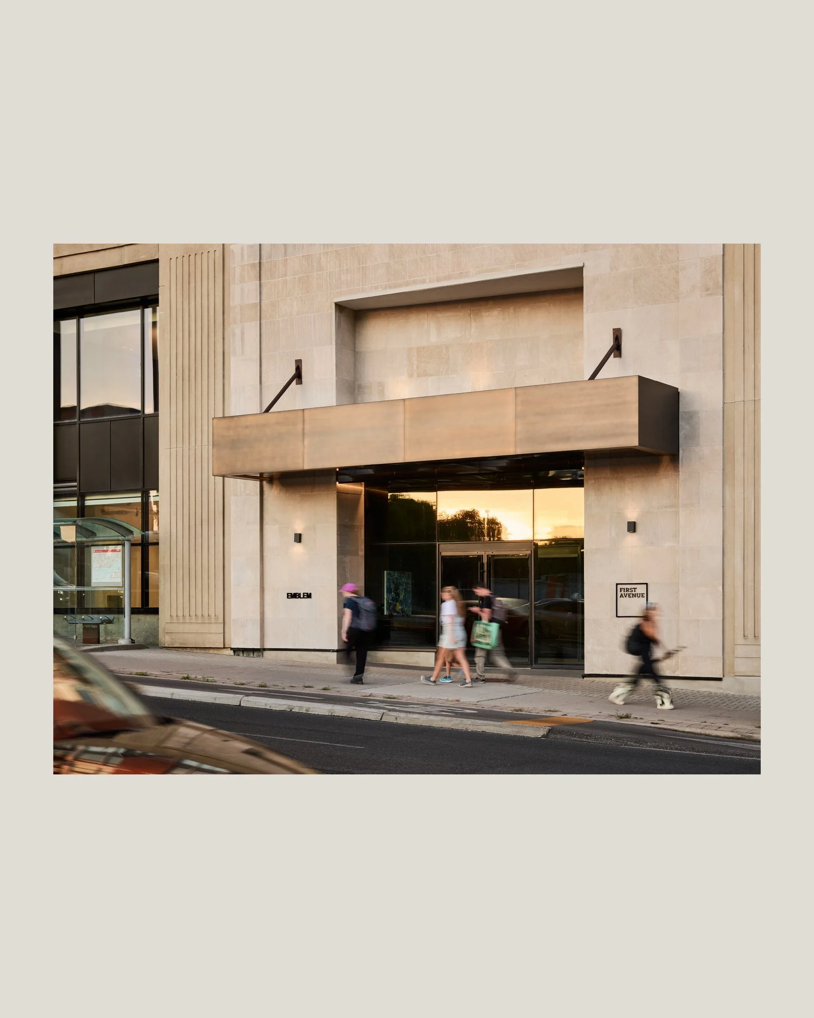 Attention to detail is easiest to see in the smallest scopes.

Our design for the entrance canopy at EMBLEM/First Avenue's main office, 1819 Yonge St, Toronto. Seemingly simple in form, the outcome of a highly specialized coordination effort executed