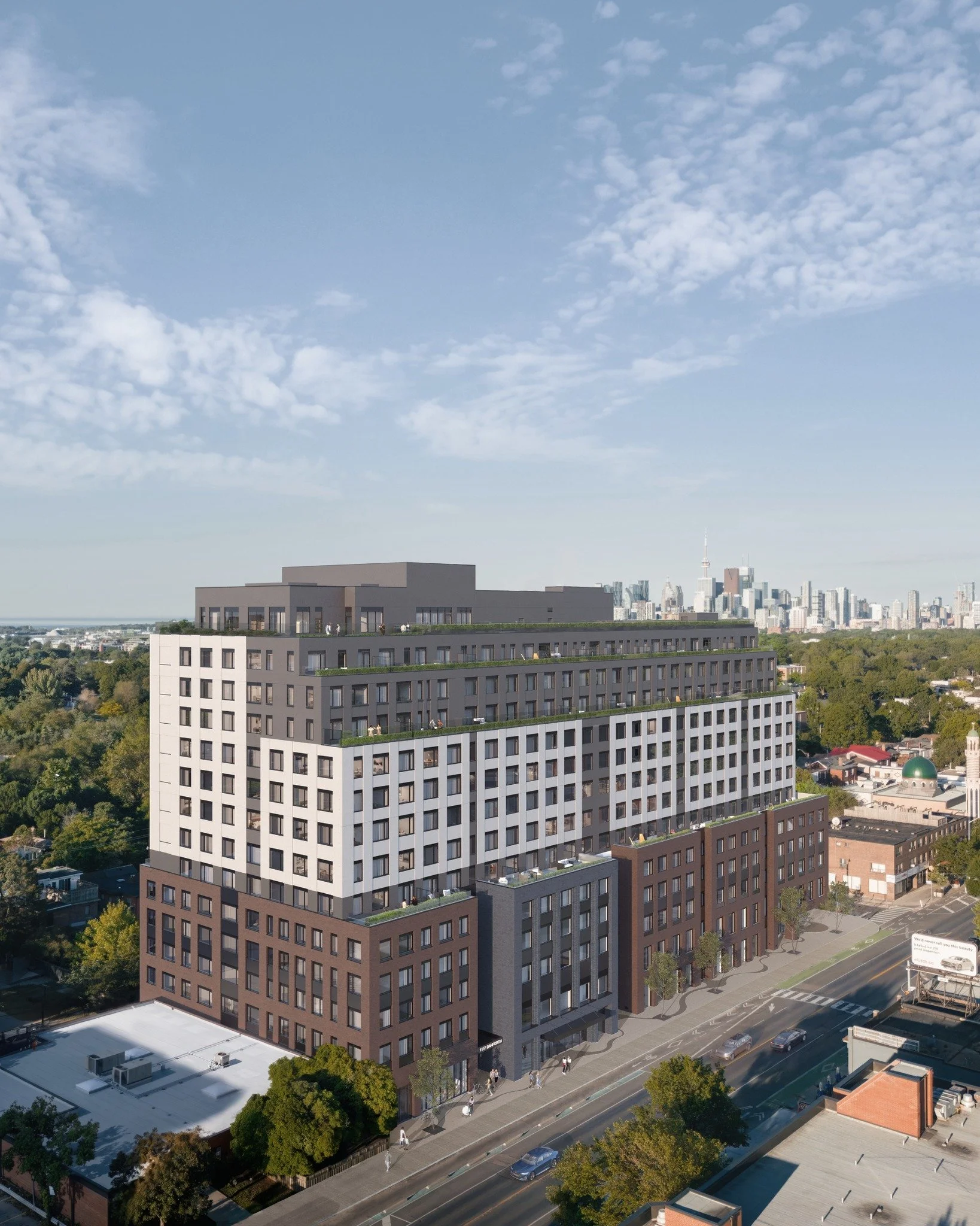 Ground has broken at 1111 and 1117 Danforth Avenue. The two buildings will bring more than 400 market-rate, rent-geared-to-income, affordable, and deeply affordable rental homes, along with ground-floor retail and a permanent home for Le Th&eacute;&a