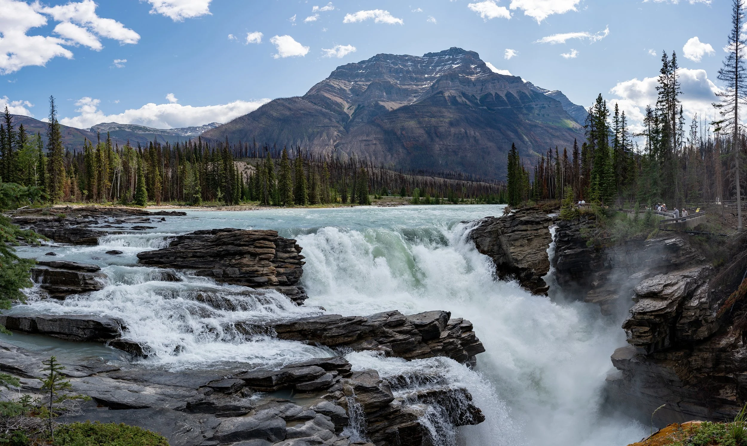 Scenic view of a river with white water rapids flowing over rocks, surrounded by dense green trees and tall mountains in the background under a partly cloudy sky.