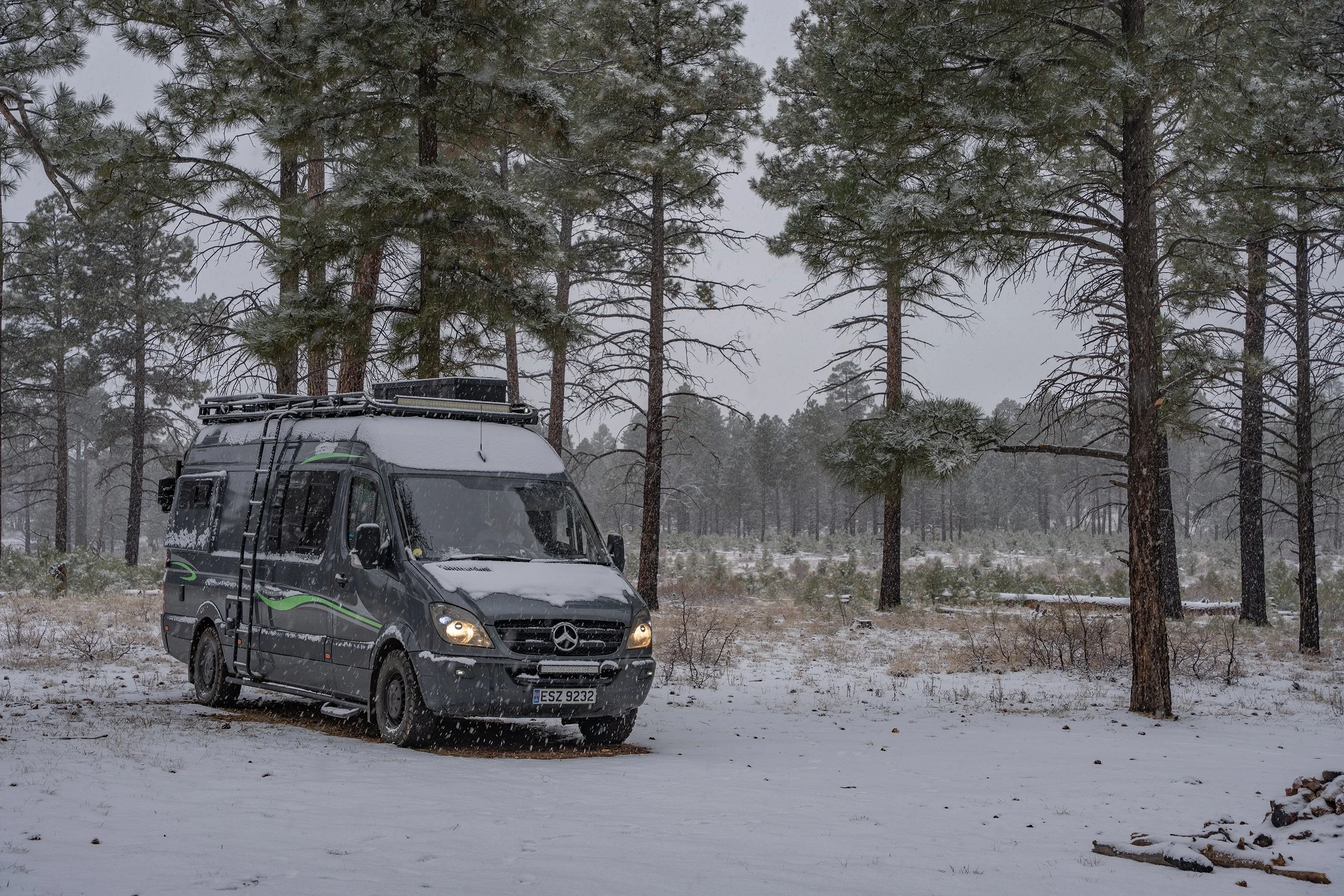 A black Mercedes-Benz van with a roof rack parked in a snowy forested area during snowfall, surrounded by tall pine trees.