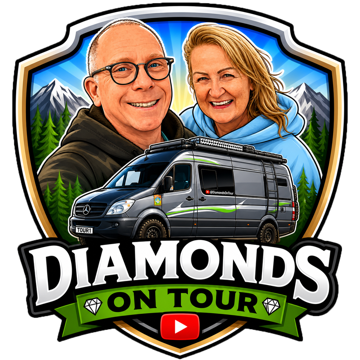 Illustration of a man and woman smiling, standing behind a black tour van with the text '@DiamondsOnTour' on it. The background features mountains and trees, with the logo reading 'Diamonds on Tour' and a YouTube play button at the bottom.