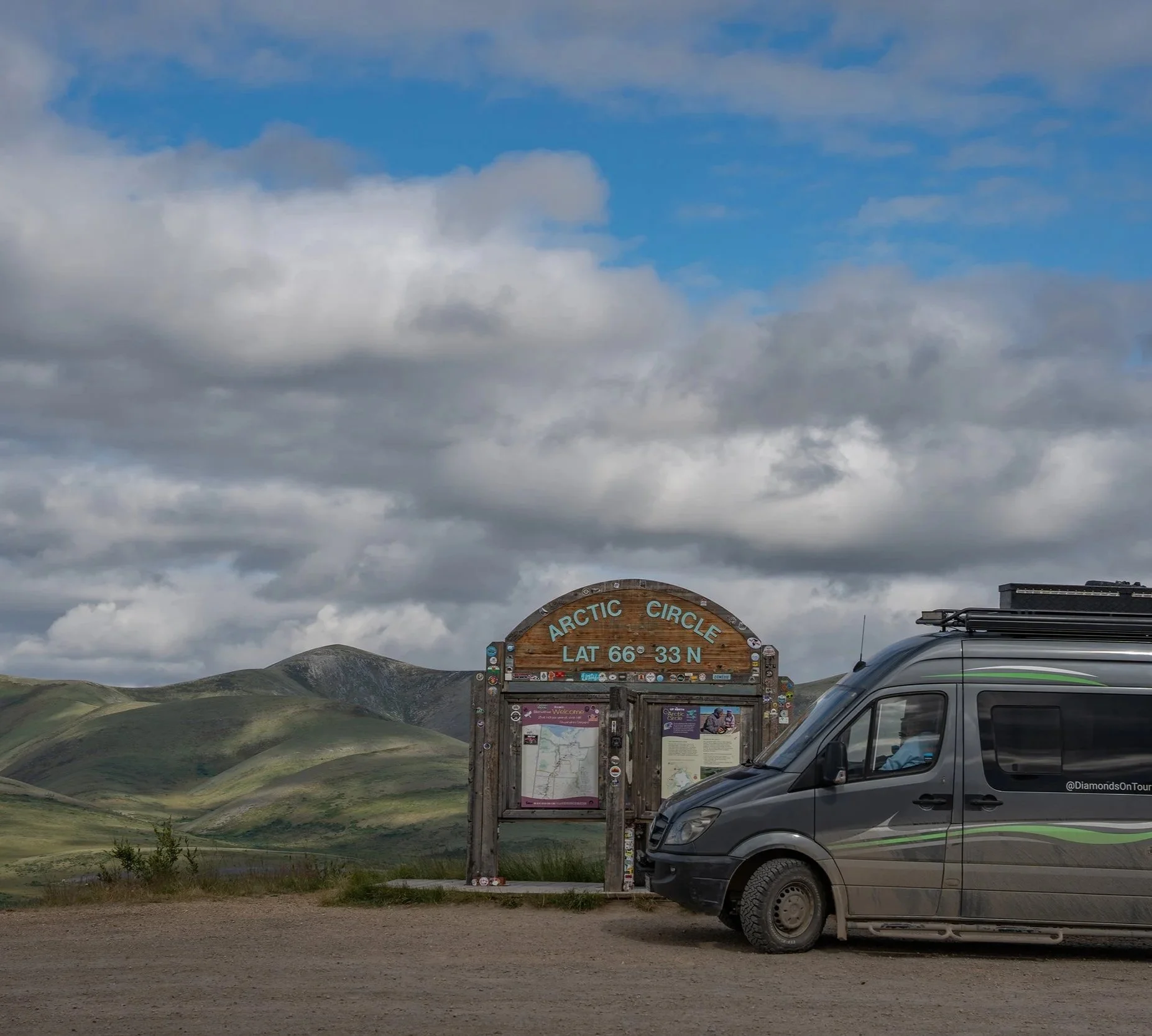 View of a sign at the Arctic Circle latitude 66°33' with a cloudy sky and green rolling hills in the background. A grey camper van is parked in front of the sign on the Dempster Highway, Canada.
