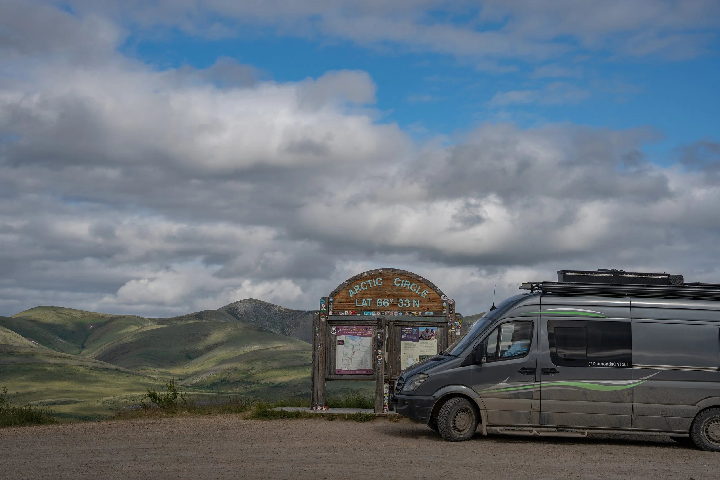 A scenic landscape showing green rolling hills under a cloudy sky, with a parking area that features a sign indicating the Arctic Circle at 66 degrees 33 minutes north latitude. There is a gray van parked nearby and informational boards at the site.