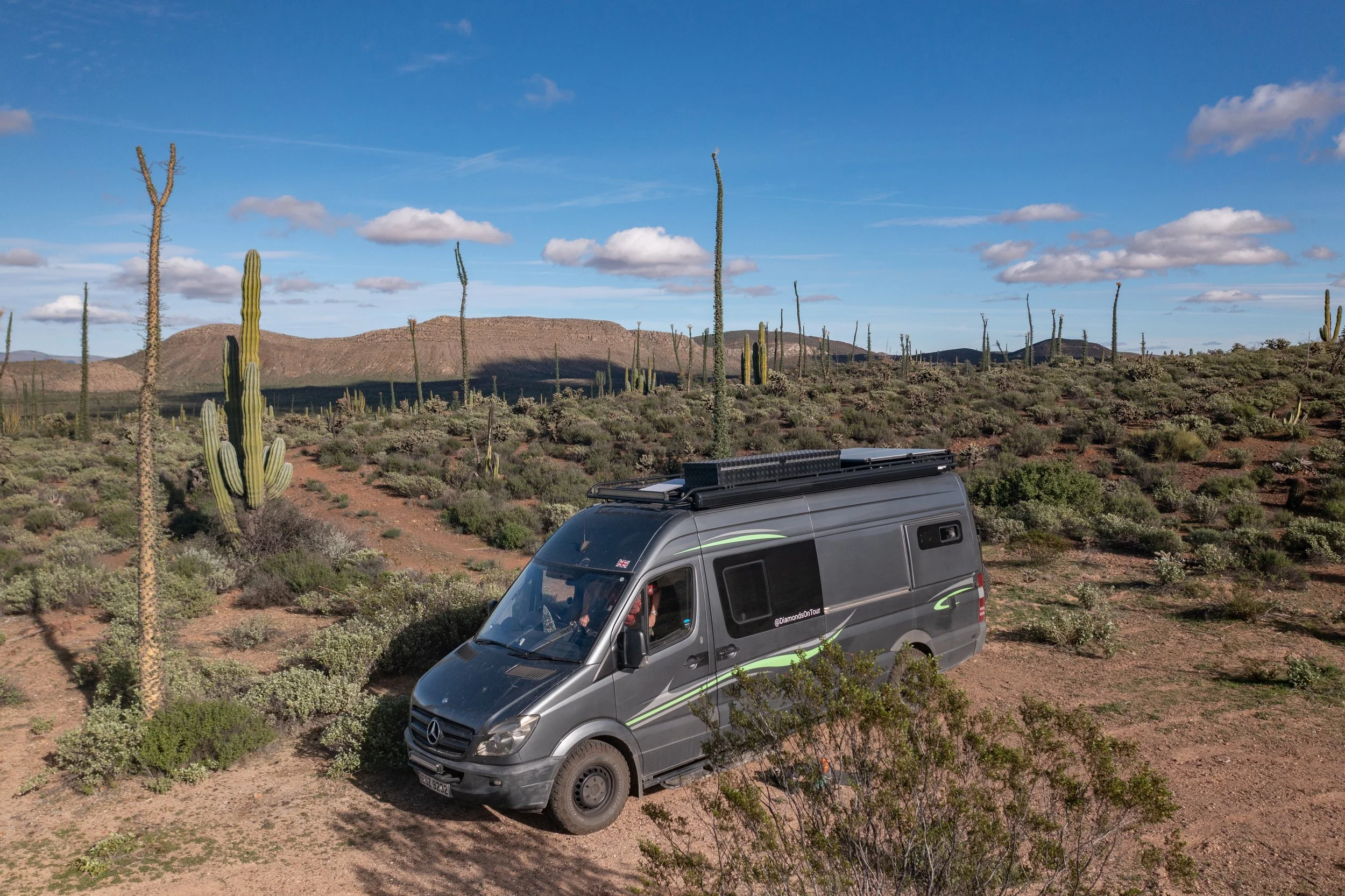 A silver campervan parked in a desert landscape with cacti and bushy vegetation under a blue sky with scattered clouds and mountain in the background.