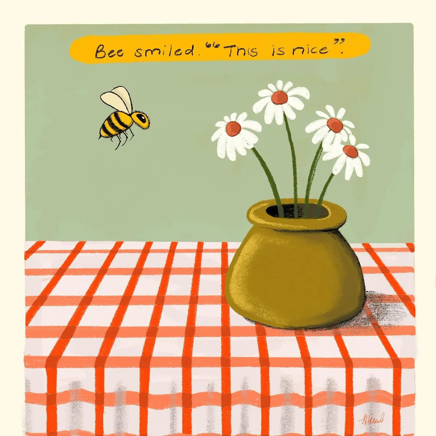 Bee smiled. &lsquo;This is nice&rsquo;. 
Day 04 for @peachtober : Gingham

This bee is appreciating the little things in life. 

@furrylittlepeach @peachtober 

#peachtober25gingham #digitalartist #illustration #illustration #australianartists #indie