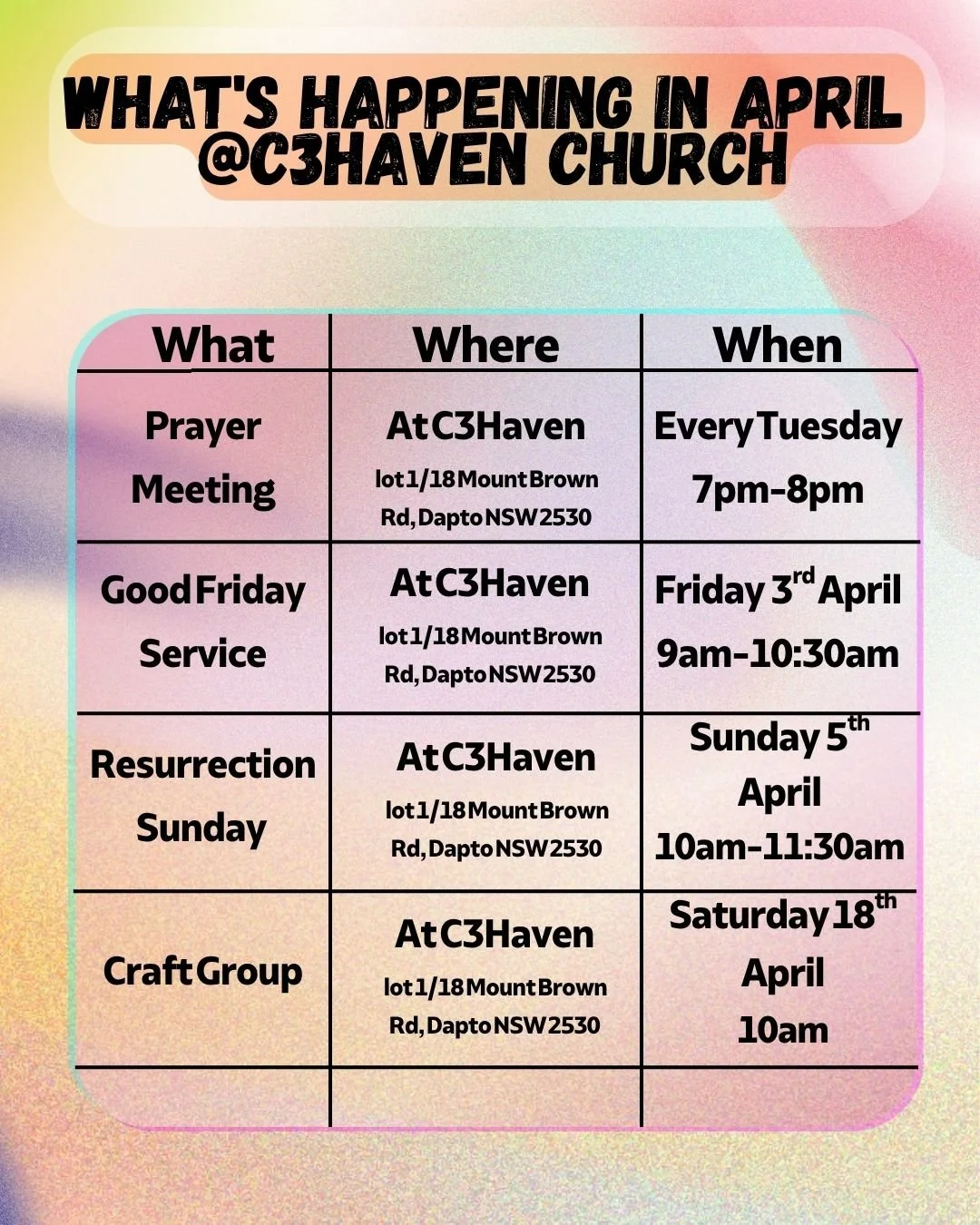 Here is what is coming up in the life of our church. Be blessed in Your week and all You  do in Your workplace, household and community. 
#C3haven #illawarrachurch #Saviour #c3Haven #Daptochurch #wonderfulcounsellor #JesusisLord #c3havenchurch #jesus