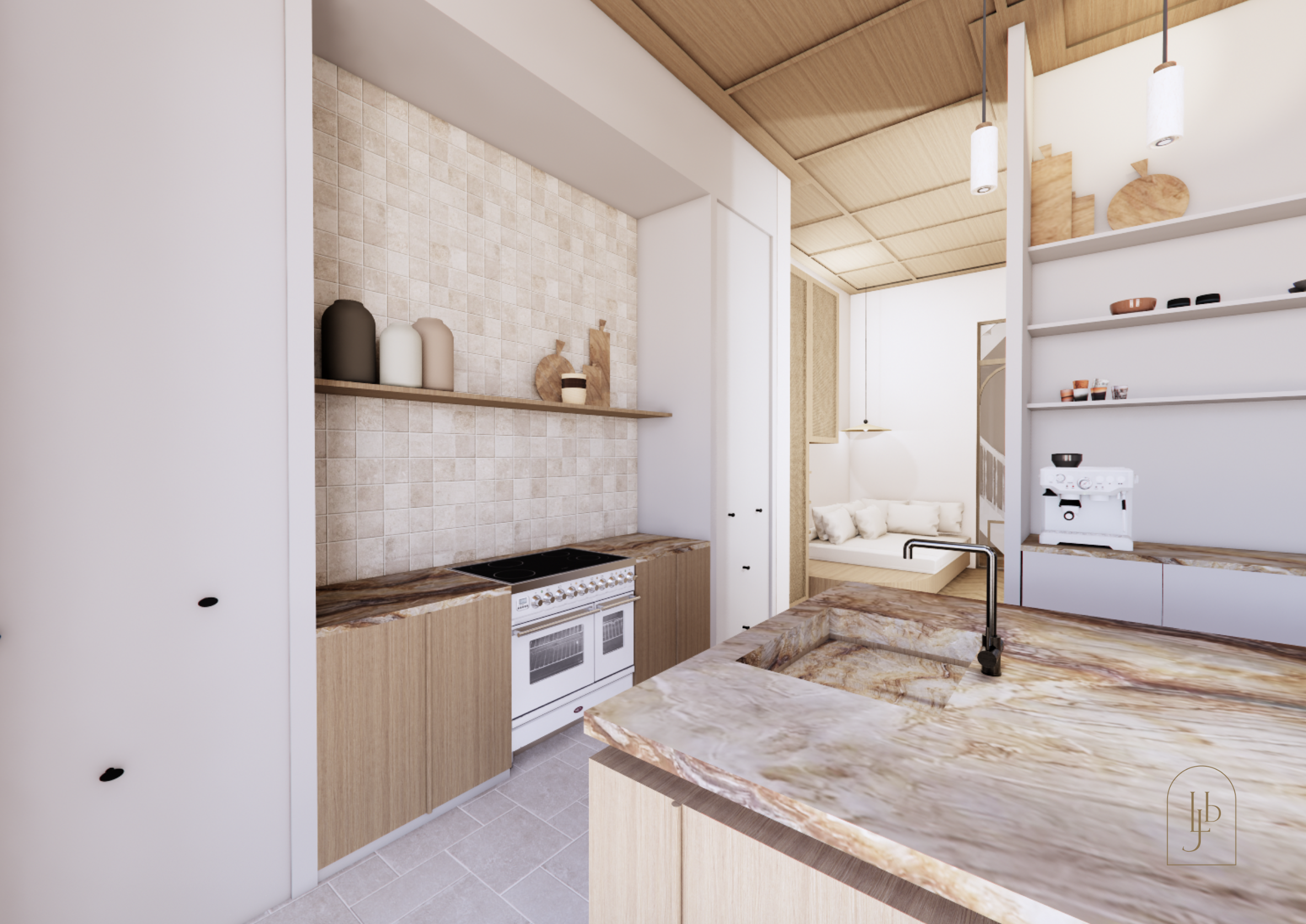 Modern kitchen with beige tiled backsplash, white and wooden cabinets, marble countertops, and a stove. Open shelving with decorative items, pendant lighting, and a view into a cozy living space with a bed and pillows.