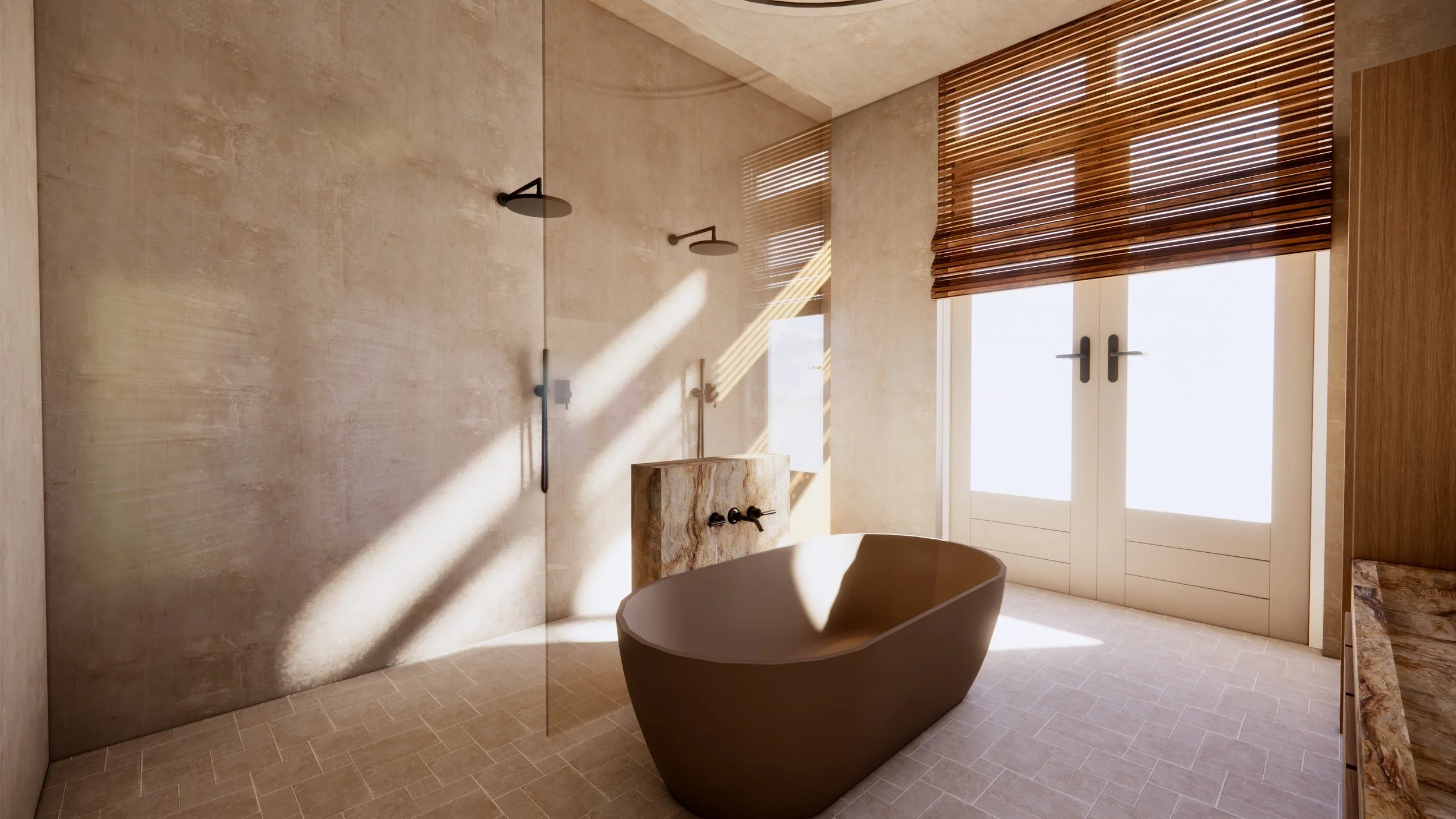 Modern bathroom with beige tiled walls and floors, a freestanding bathtub, two showerheads on the wall, and a large window with wooden blinds letting in natural light.