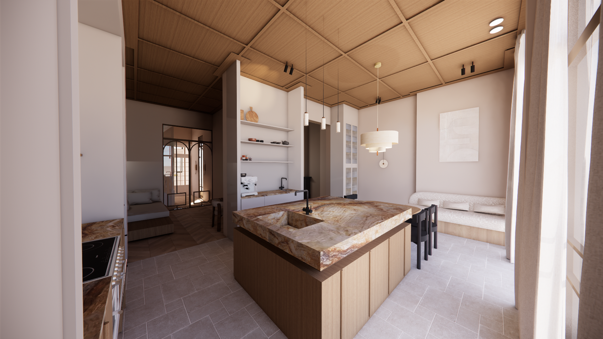 Interior view of a modern kitchen and living room with a marble kitchen island, beige wallpaper, white walls, and wooden ceiling panels.