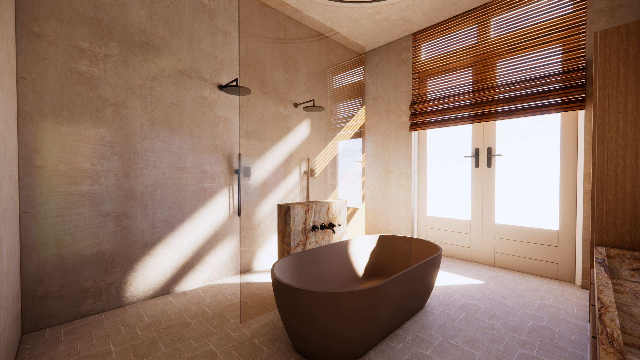 Modern bathroom with a freestanding dark brown bathtub, beige tiled walls and floor, two overhead shower heads, a large window with wooden blinds, and minimal decor.
