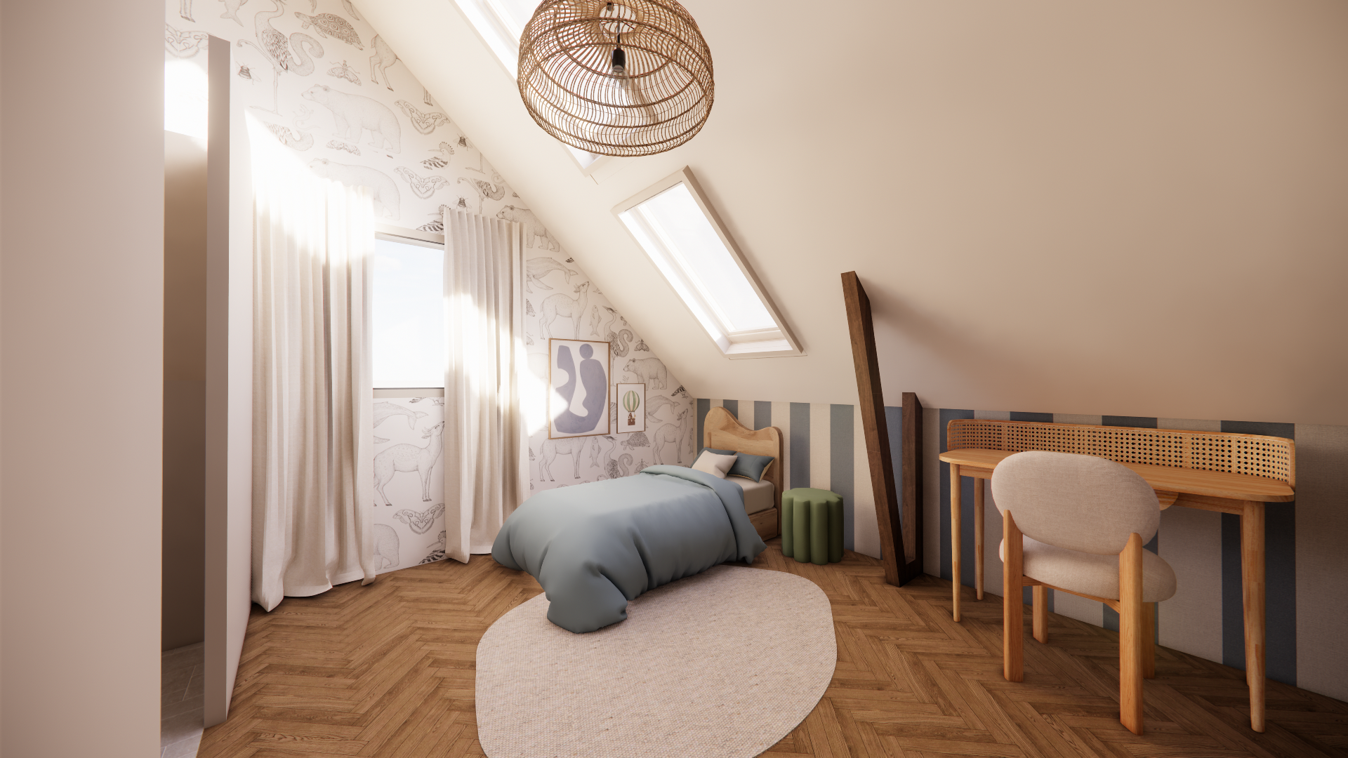 A cozy attic bedroom with a single bed, two skylights, and a patterned wallpaper featuring animals. There is a small round green stool, framed artwork, a rattan pendant light, a desk with a matching chair, and a beige oval rug on a wood floor.