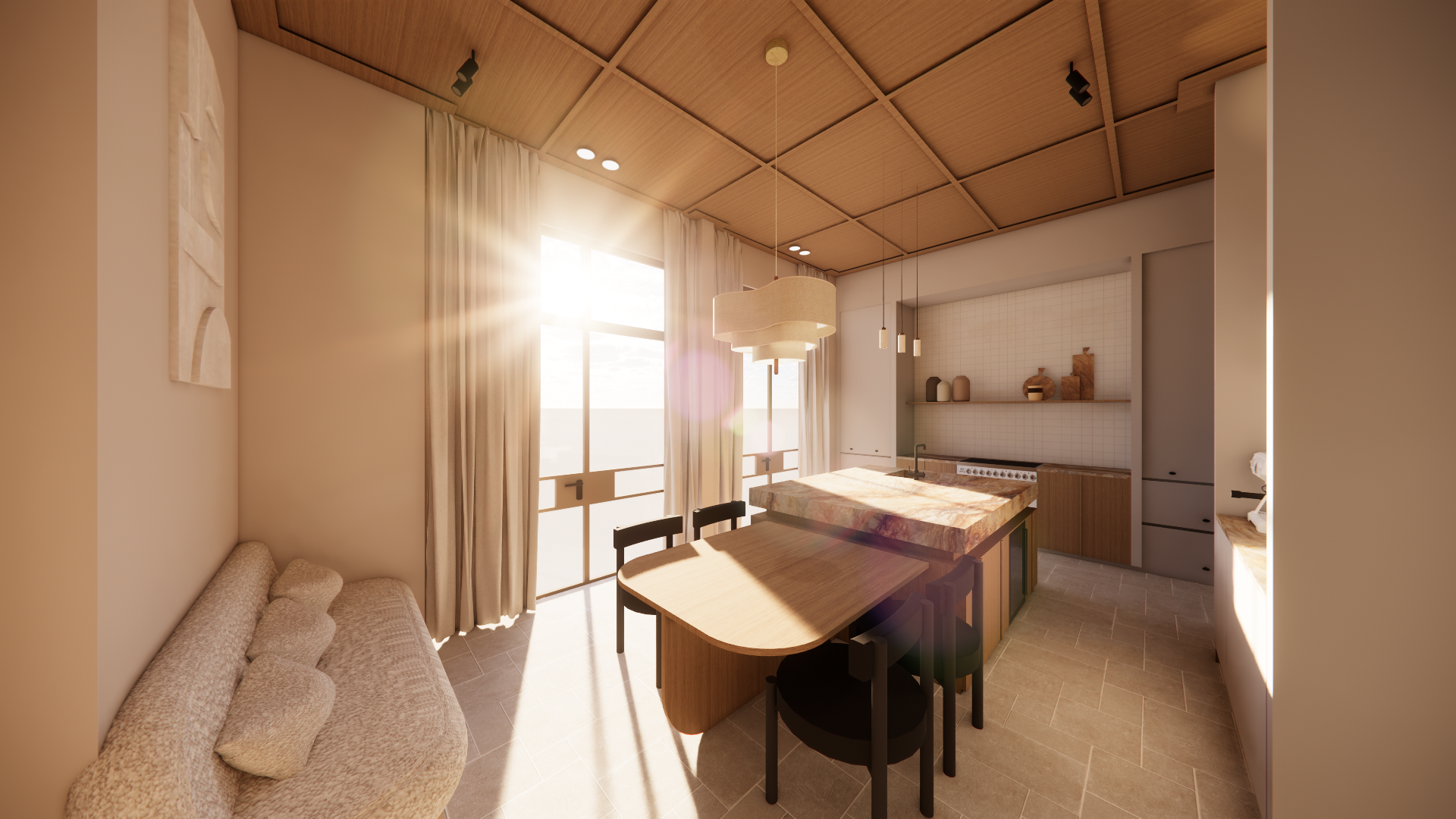 Modern kitchen and dining area with large window, beige curtains, wooden ceiling, and sunlight streaming in.