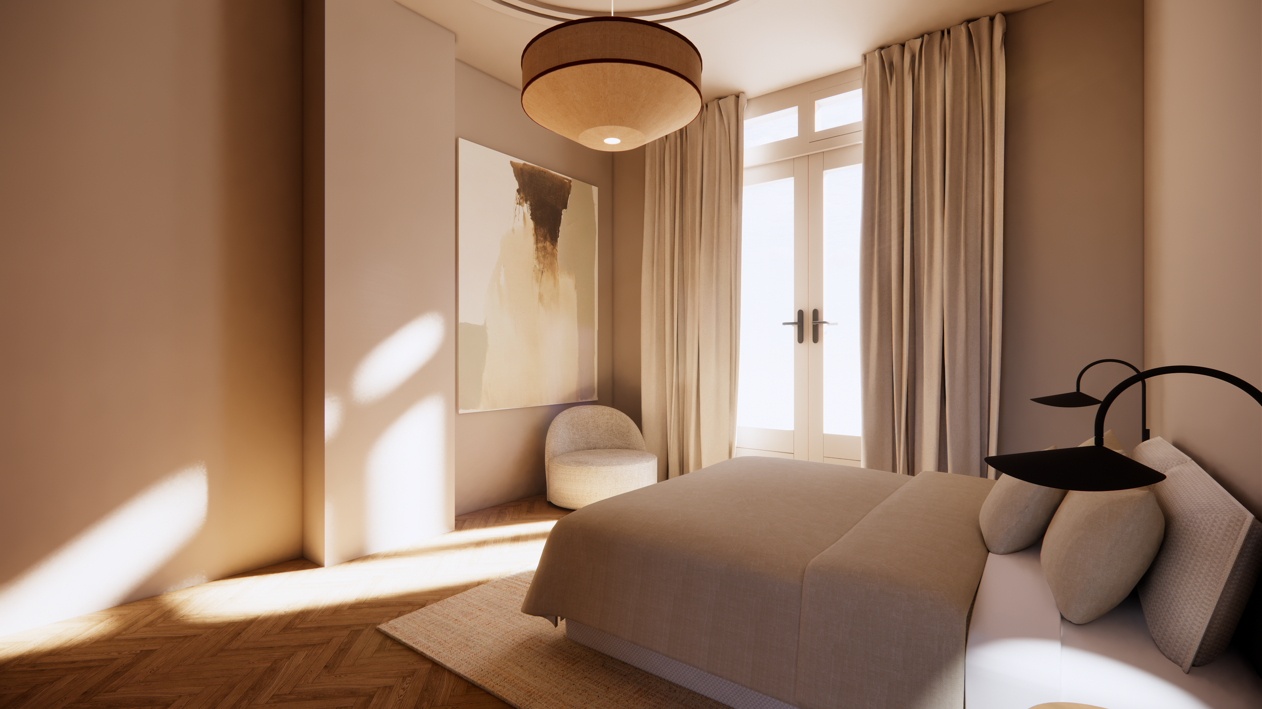 A cozy bedroom with beige walls, a window with beige curtains, a round ceiling light, a piece of abstract art on the wall, a beige armchair, a bed with beige bedding, a black bedside lamp, and a beige rug on wooden floor.