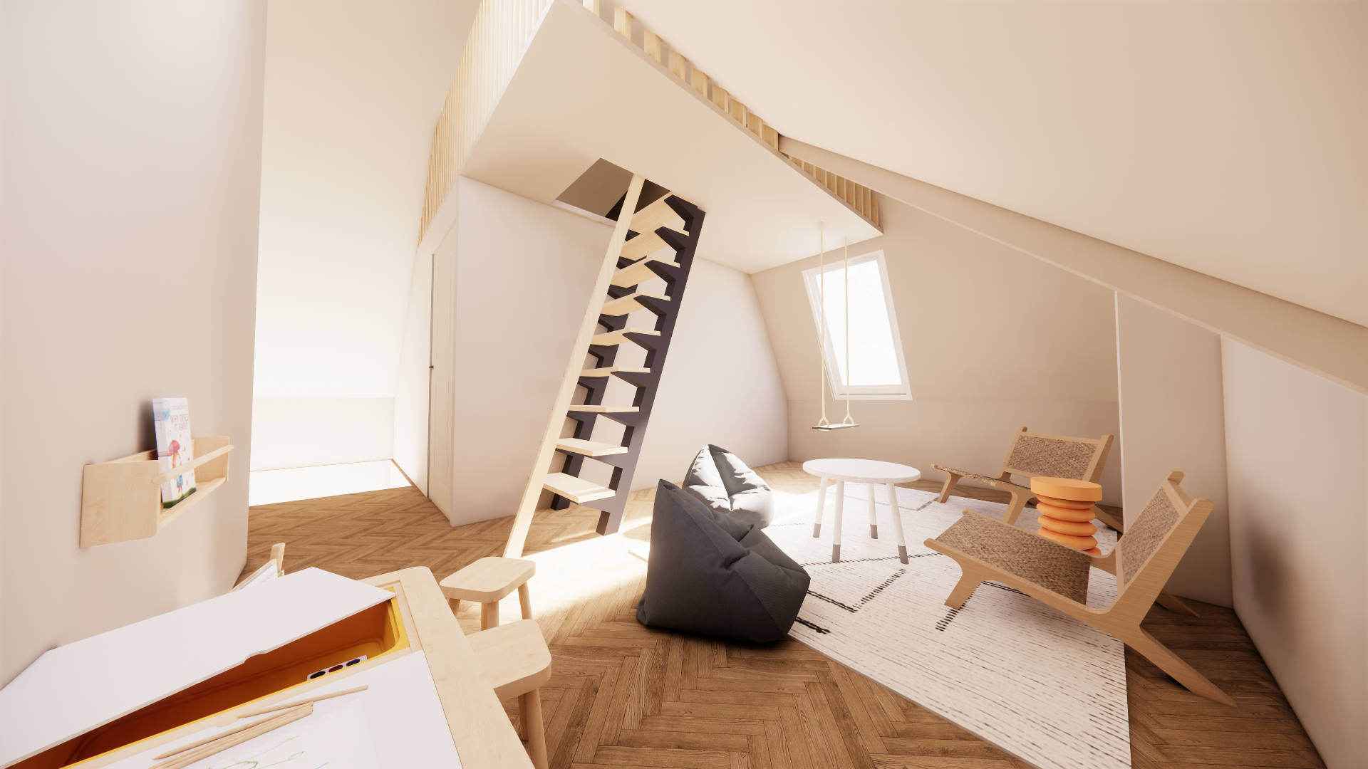 Interior of a modern attic living space with sloped ceilings, wooden flooring, a small sitting area with a bean bag, chairs, a white round table, and a window with sunlight.
