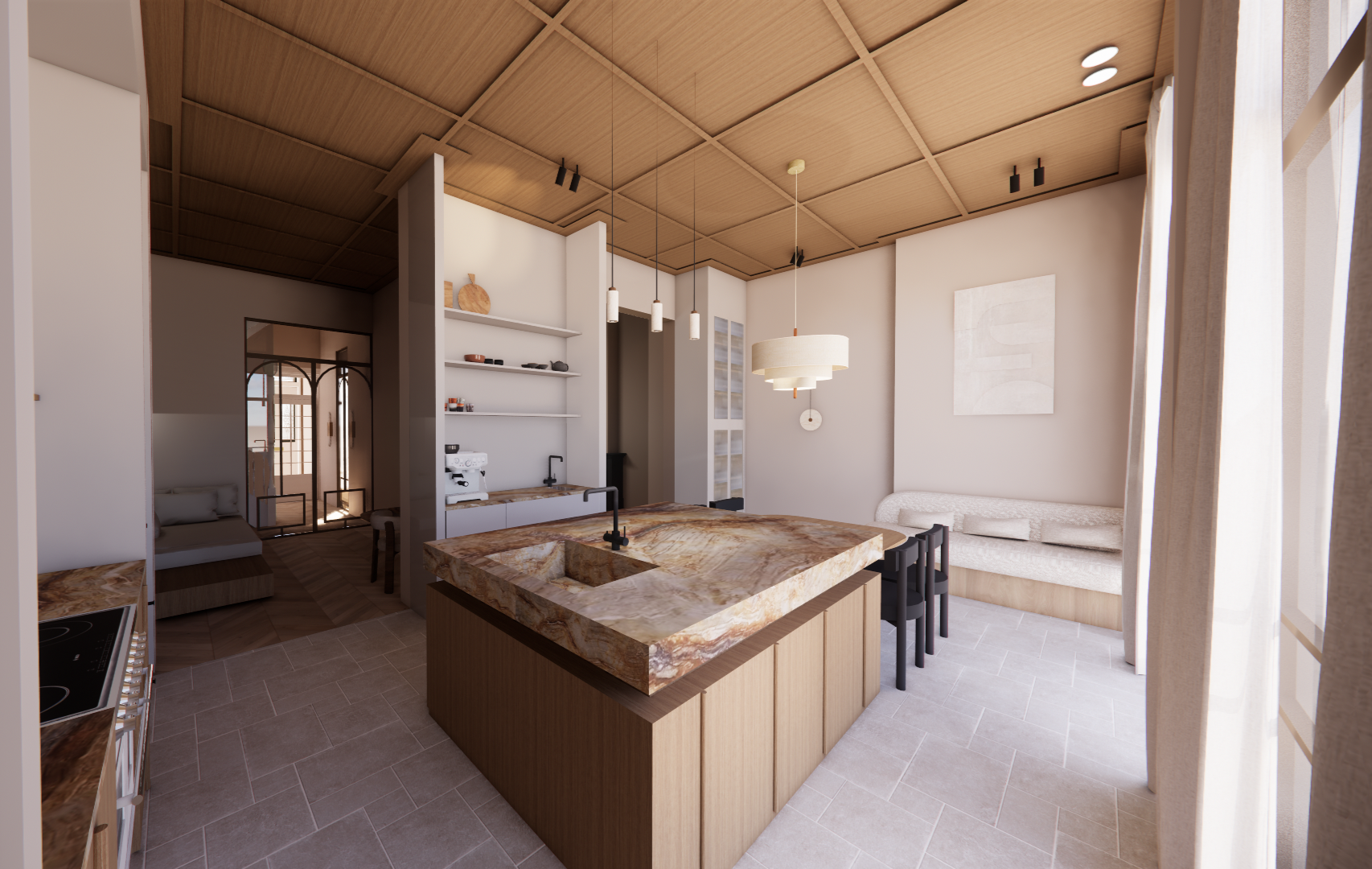 Modern kitchen with marble island, hanging pendant lights, built-in shelving, a sitting nook with cushioned bench, and a view of a bedroom in the background.