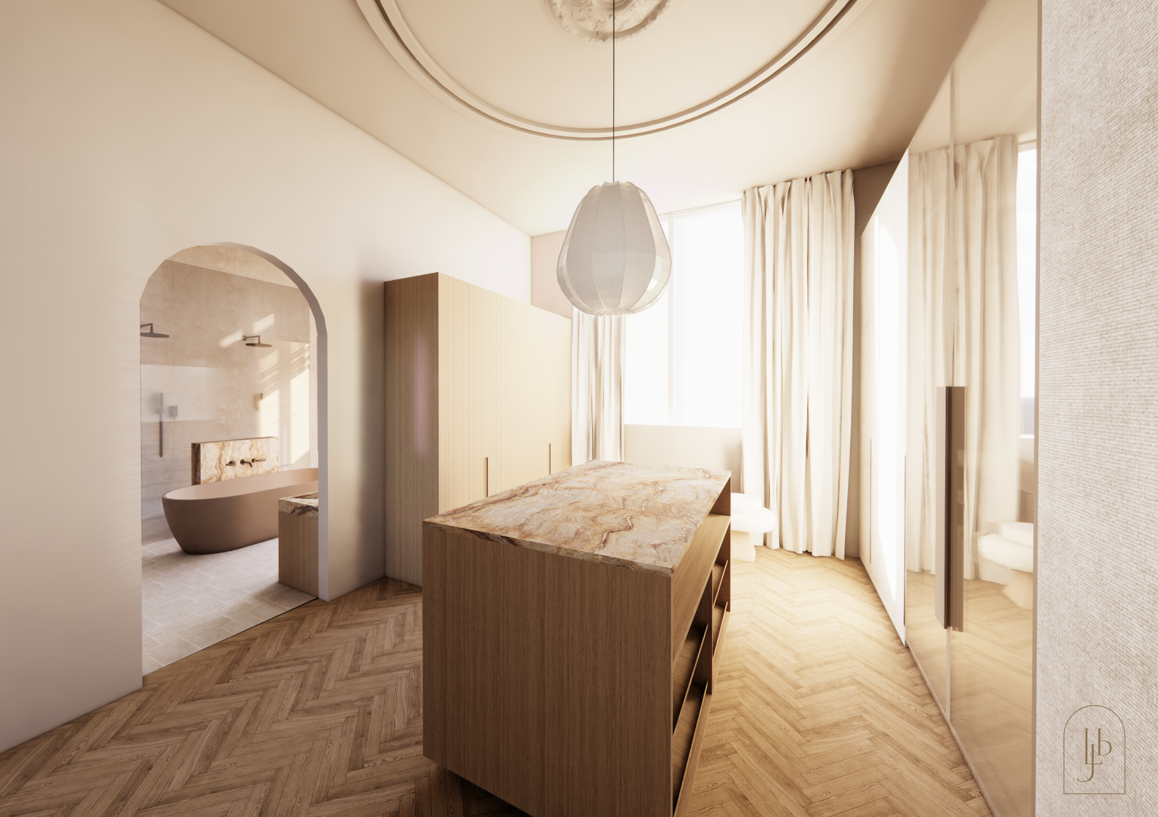 A modern bedroom with wooden flooring, a large window with cream curtains, a pendant light overhead, a wooden partition, and a glimpse of a bathroom with a bathtub visible through an arched doorway.
