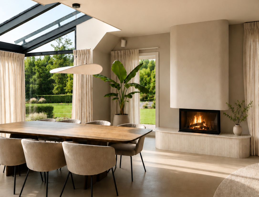 Modern dining room with a wooden table, beige upholstered chairs, fireplace, large green plant, and large windows with curtains, overlooking a garden.