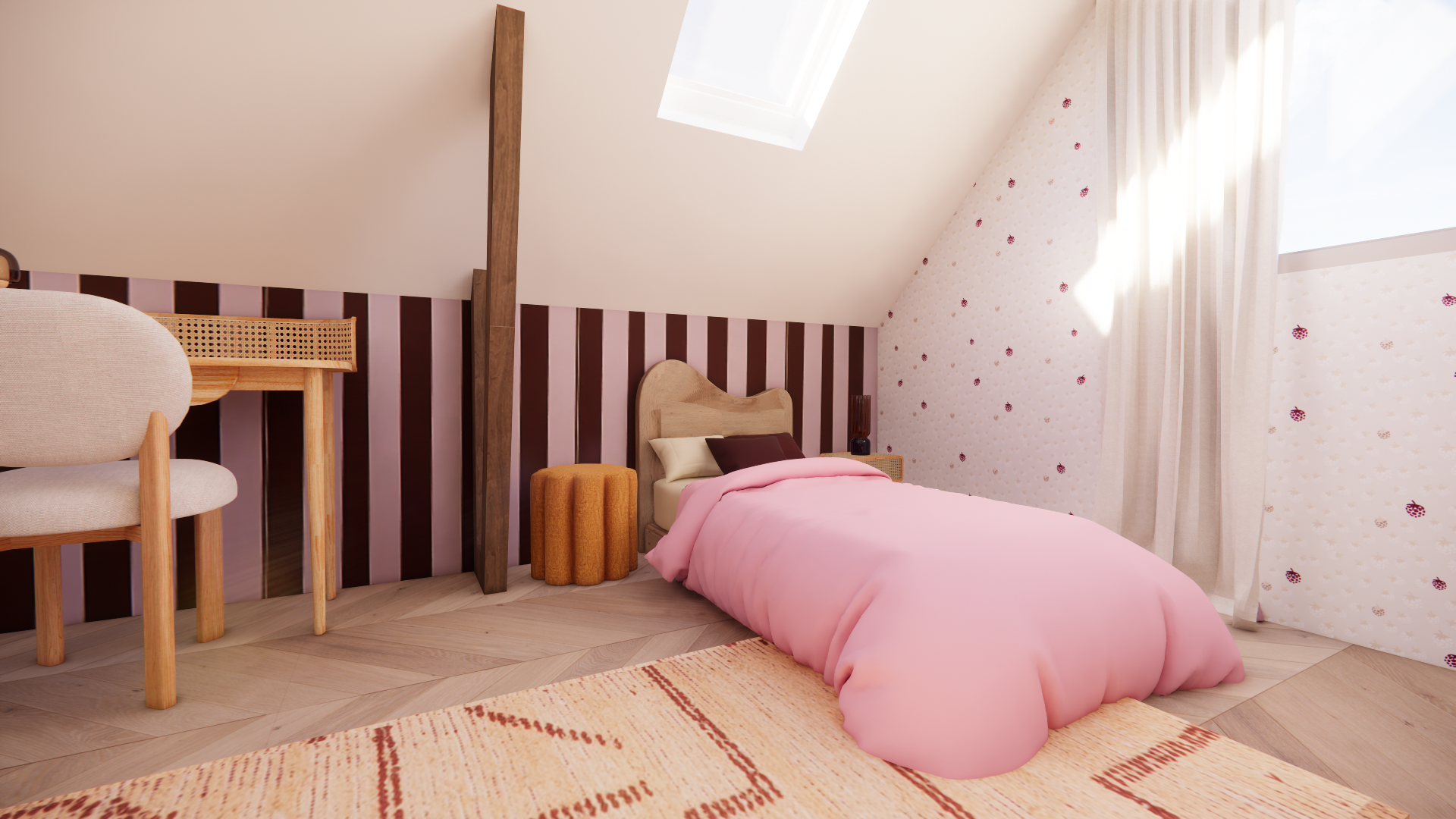 A cozy bedroom with a pink bed, striped wallpaper, a wooden headboard, and a window on the sloped ceiling, decorated with floral wallpaper and curtains.