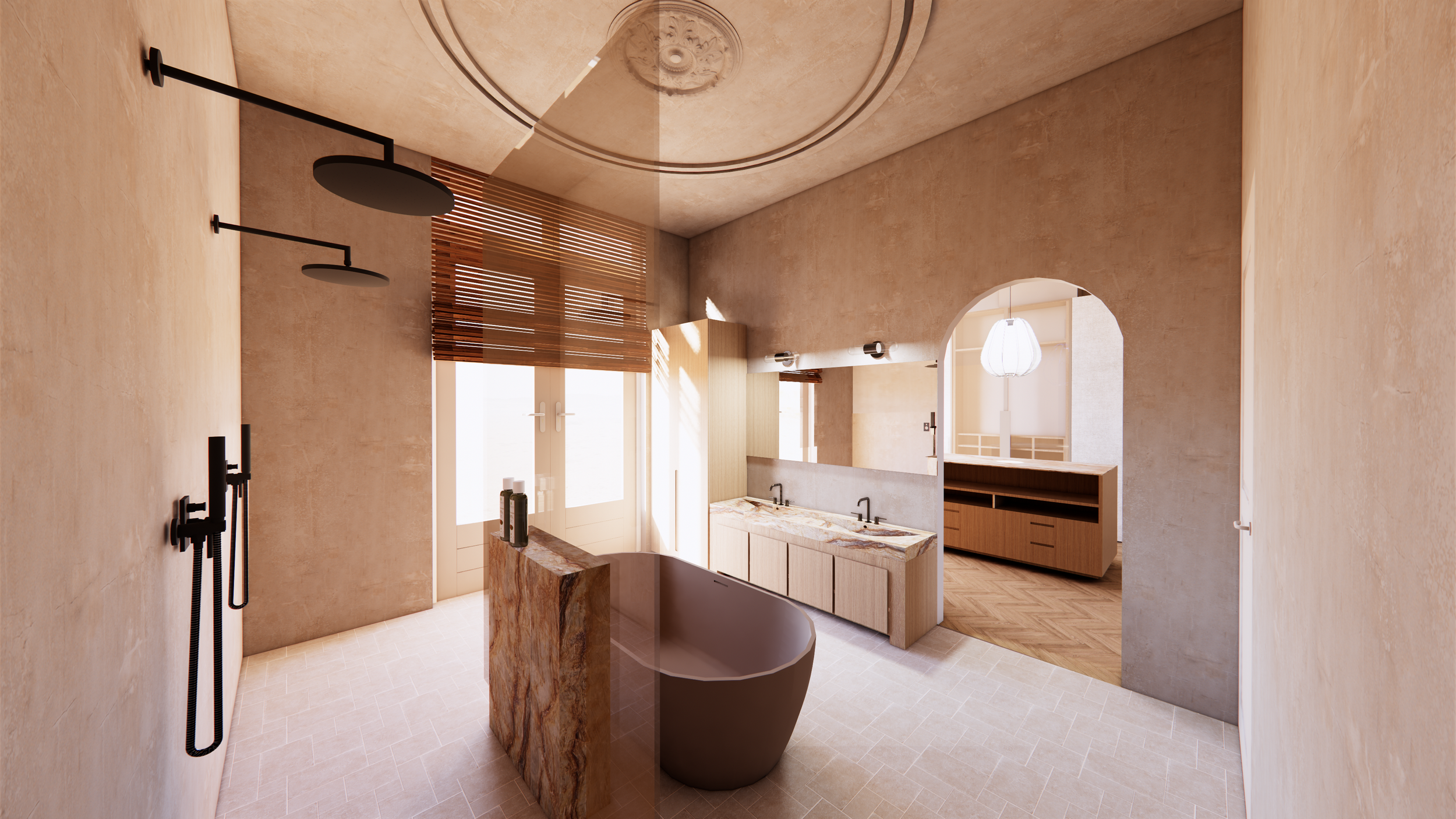 Modern bathroom with a bathtub, double sink vanity with marble countertop, walk-in shower with black fixtures, and wooden accents. Light-colored walls and ceiling with decorative molding, natural light from a window, and wooden blinds.