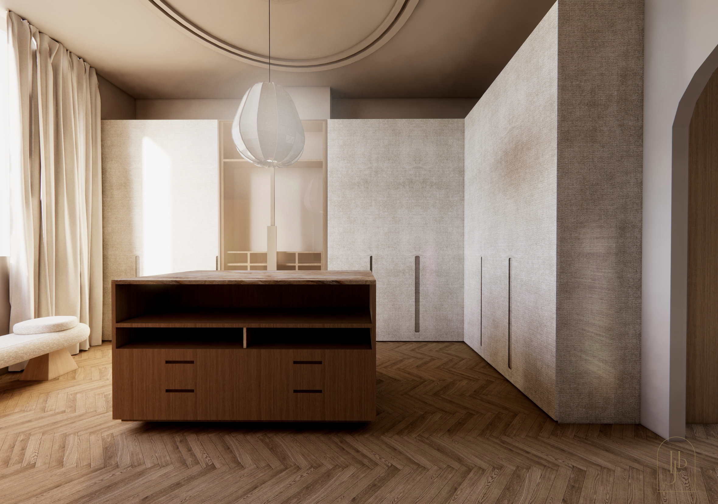 Modern interior room with wooden flooring, a wooden island, beige curtains, and a hanging pendant light.