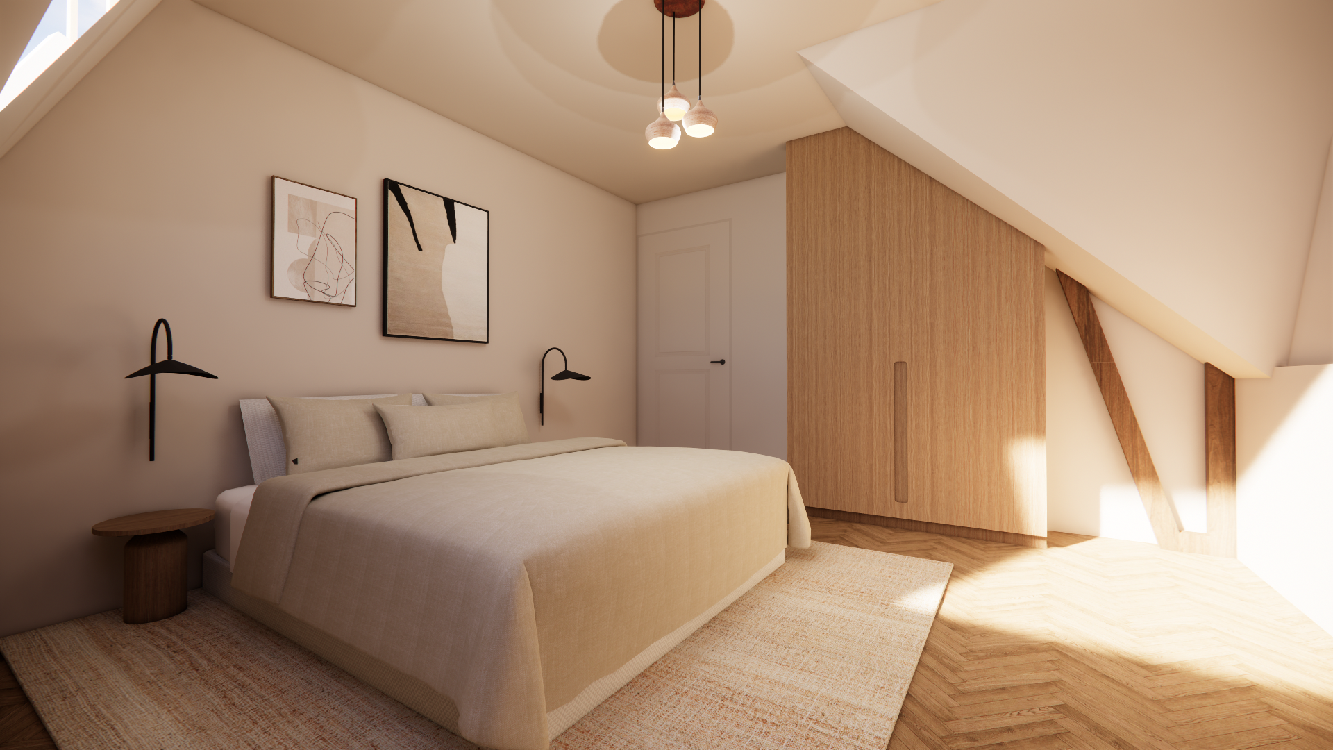 A modern bedroom with sloped ceiling, beige bedding, black wall lamps, and abstract artwork on the wall. Wooden accents and soft natural light fill the space.