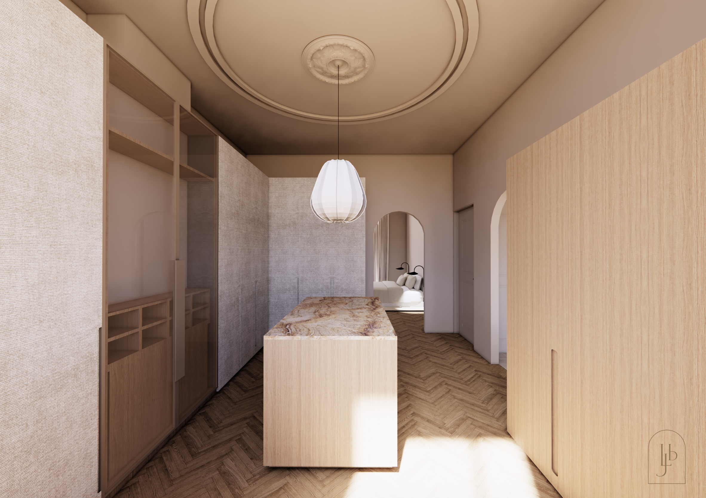 Interior view of a room with wooden and textured beige walls, a wood-paneled floor, a central marble-topped island, a hanging pendant light, and a glimpse of a sitting area with a white sofa and black floor lamps in the background.