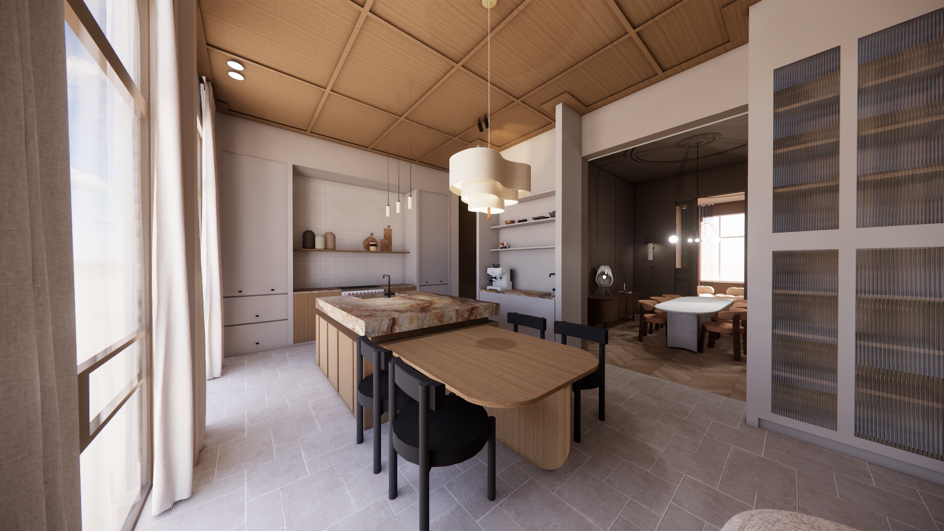 Modern kitchen with wooden ceiling, beige tiles, and natural light from large windows. Features a marble kitchen island, a wooden dining table with black chairs, and a separate breakfast nook with round table and pink chairs.