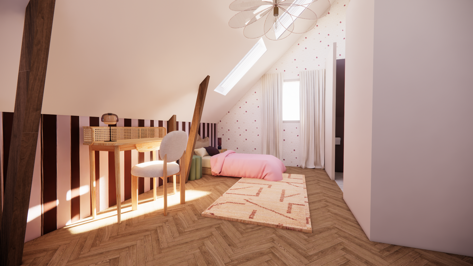 A cozy attic bedroom with a sloped ceiling, pink bedding on the bed, a small desk with a chair, a modern lamp, and a flower-shaped hanging ceiling light. The room features wooden accents and a soft, pastel pink color palette.