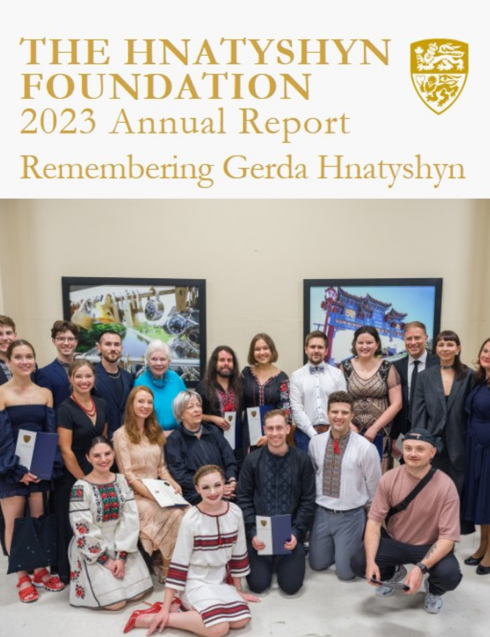 Cover page of the 2023 annual report for the Hnatyshyn Foundation, featuring a group photo of grant laureates, performers, and Mrs. Gerda Hnatyshyn